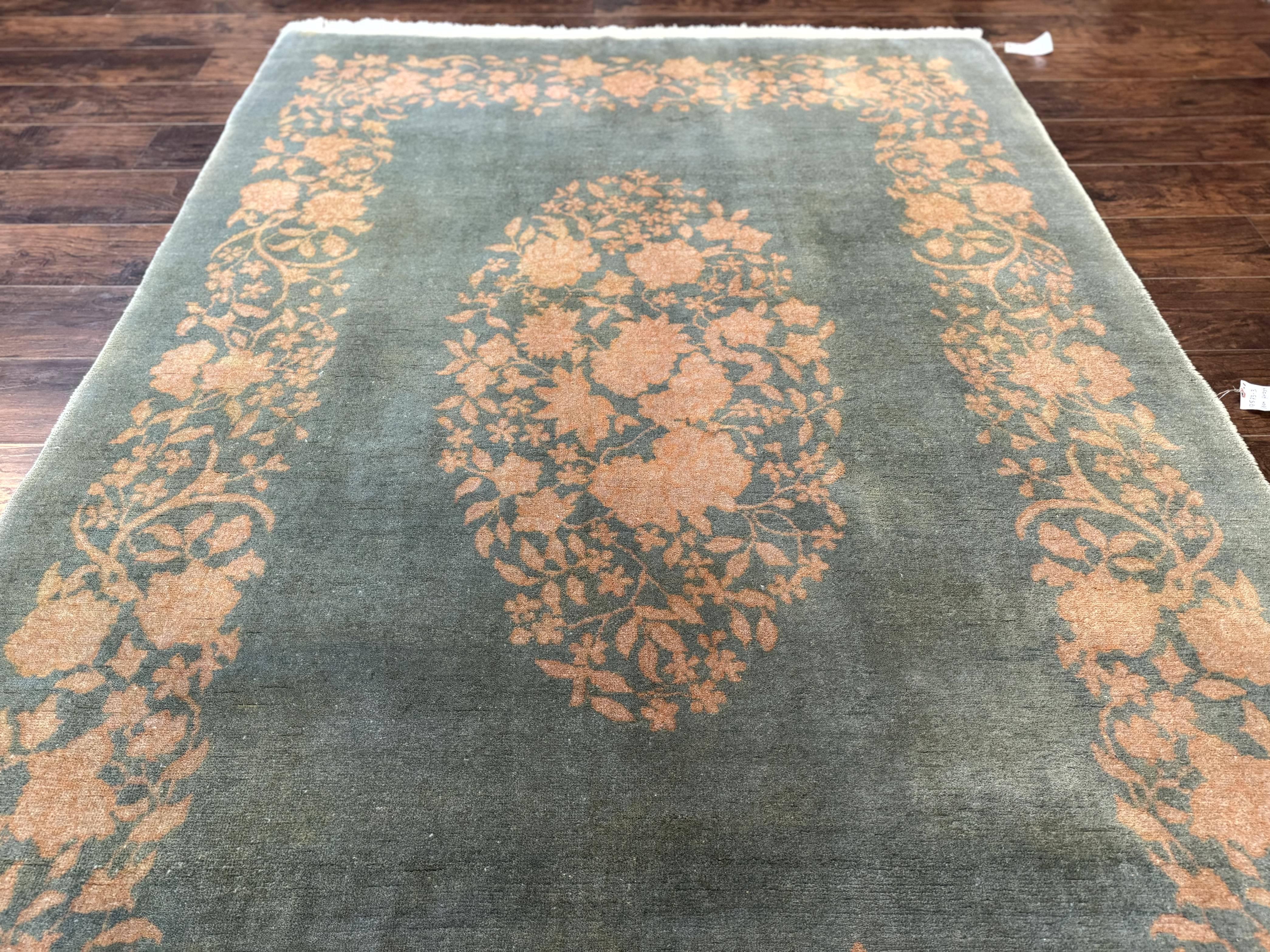 Teal Chinese Wool Rug 6x8, Vintage Handmade Carpet, Floral, Semi Open Field - Jewel Rugs