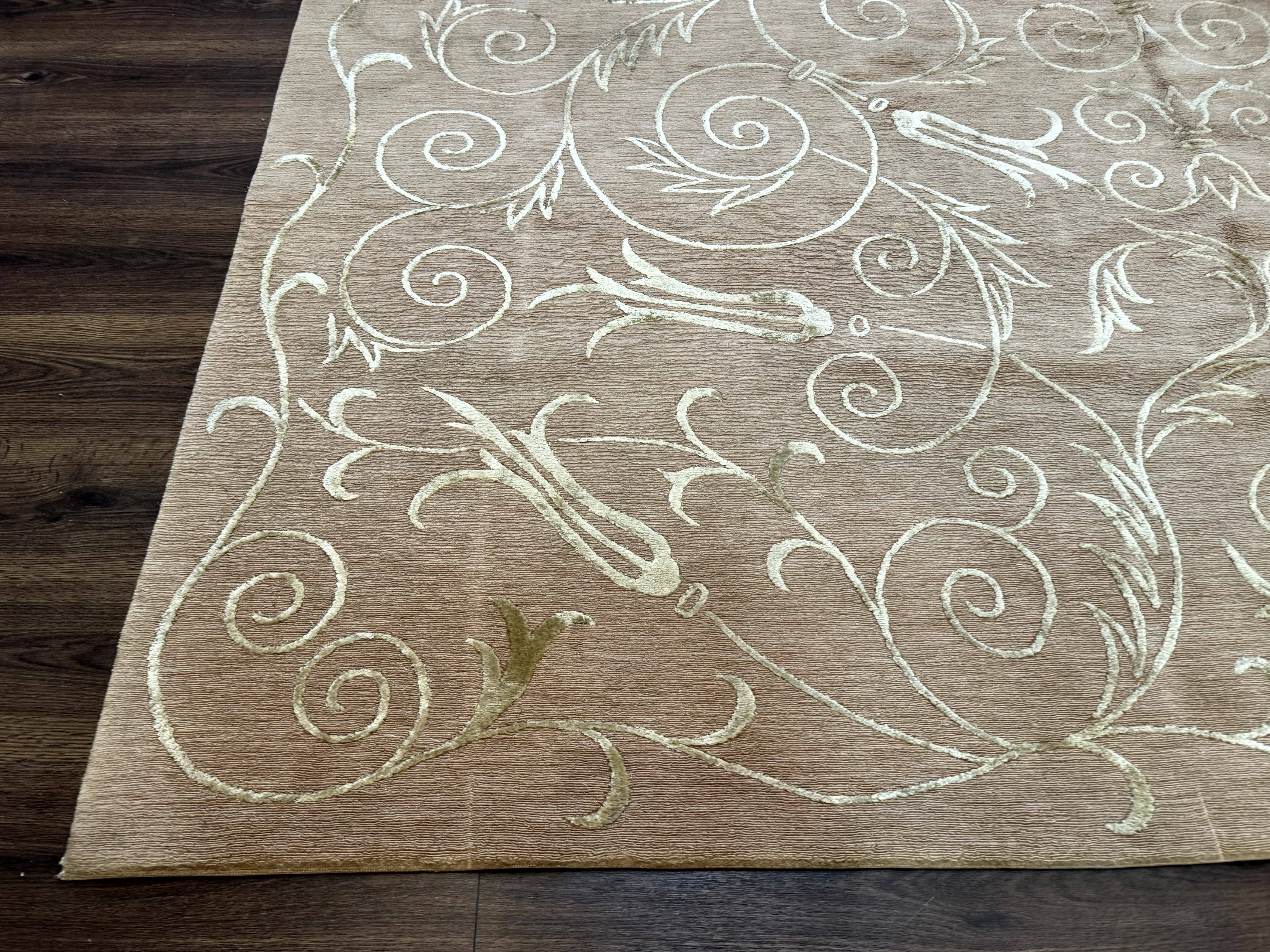 Tibetan Rug 9x12 Wool and Silk Beige Modern Handmade Carpet - Jewel Rugs