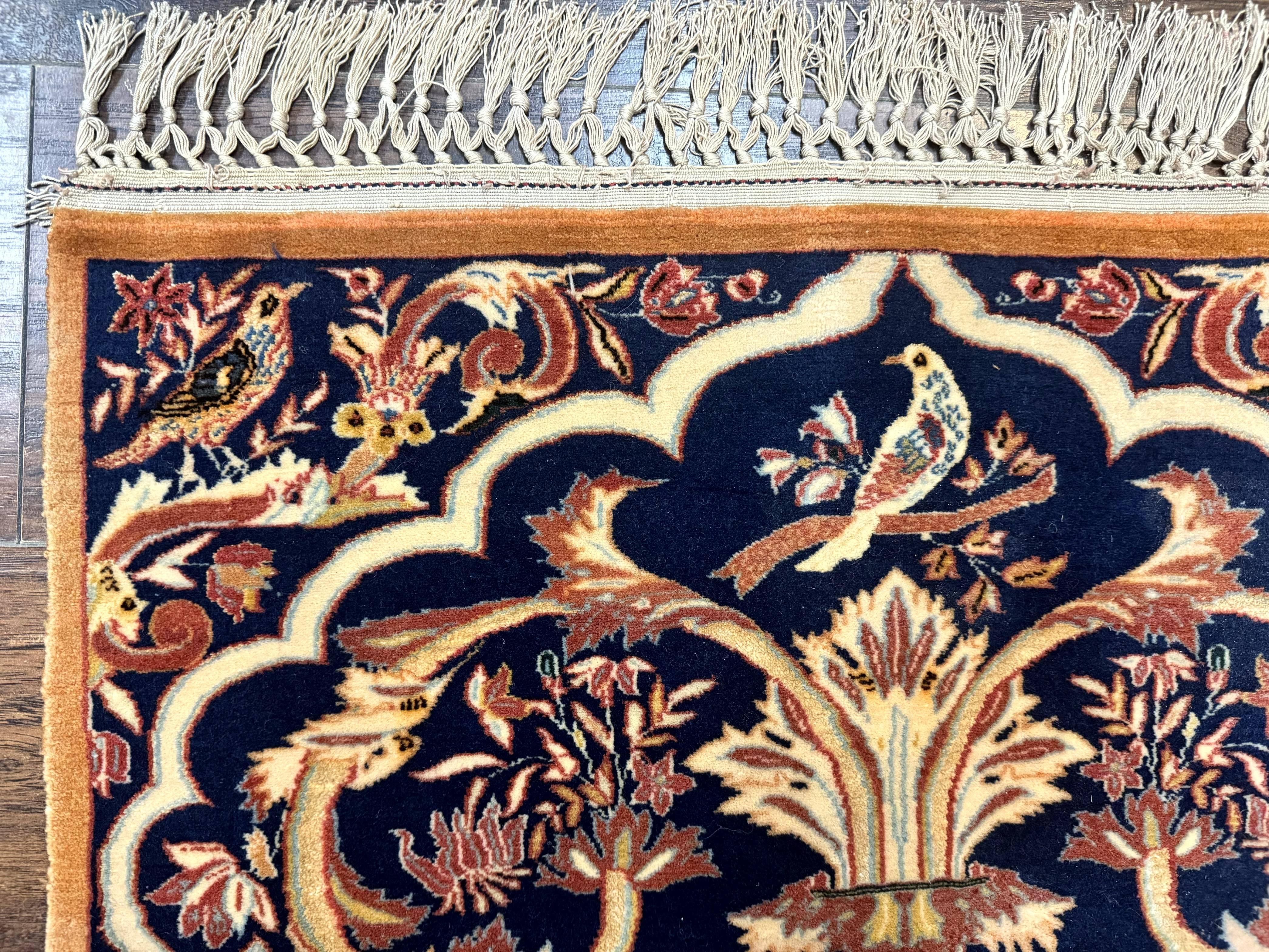 Persian Isfahan Rug 2x4, Birds, Navy Blue, Kork Wool on Silk Foundation, 460 KPSI - Jewel Rugs