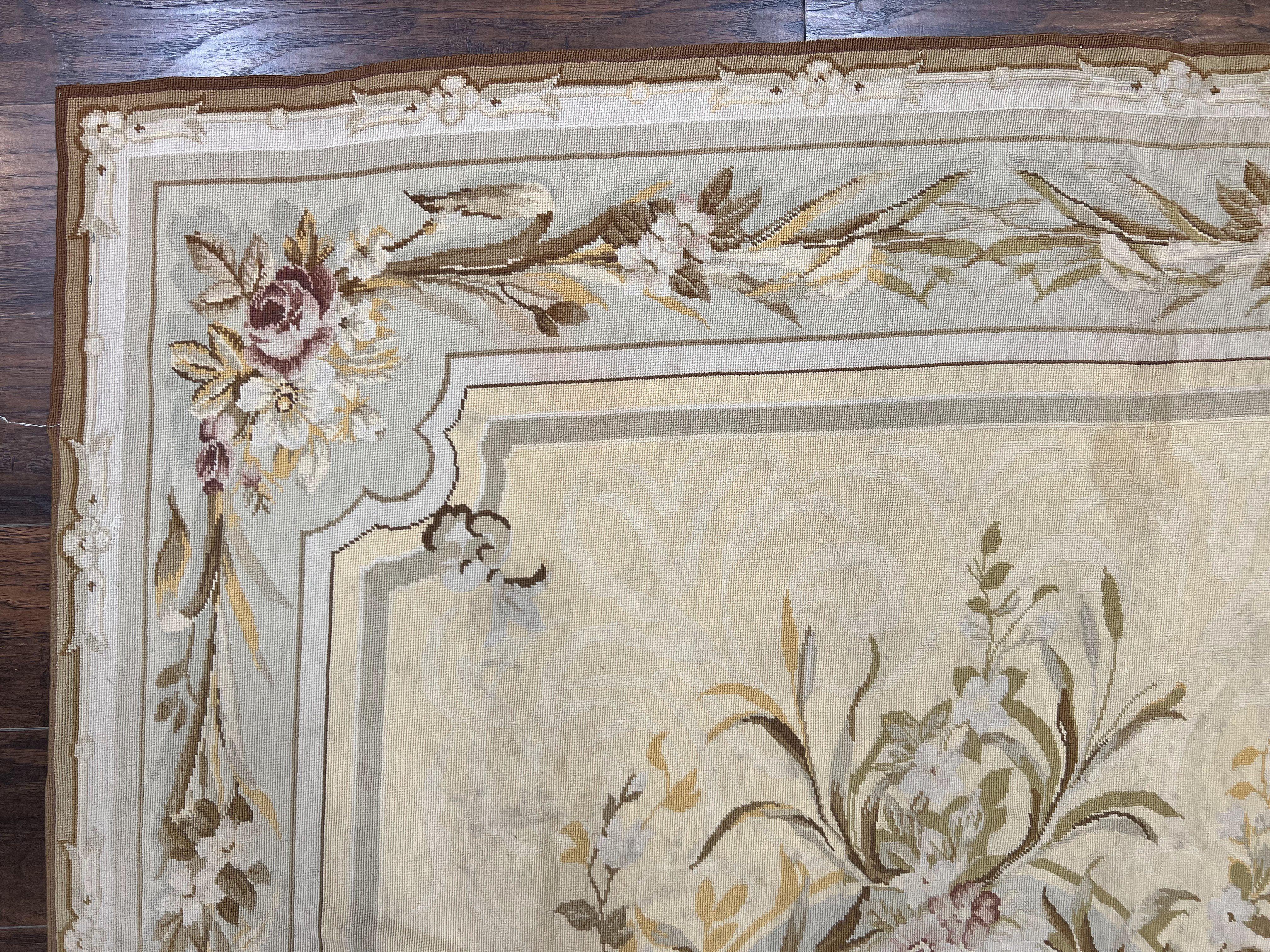 Needlepoint Rug 6x9, Elegant European Design Aubusson Carpet, Vintage Wool Handmade Rug, Light Yellow Ivory - Jewel Rugs