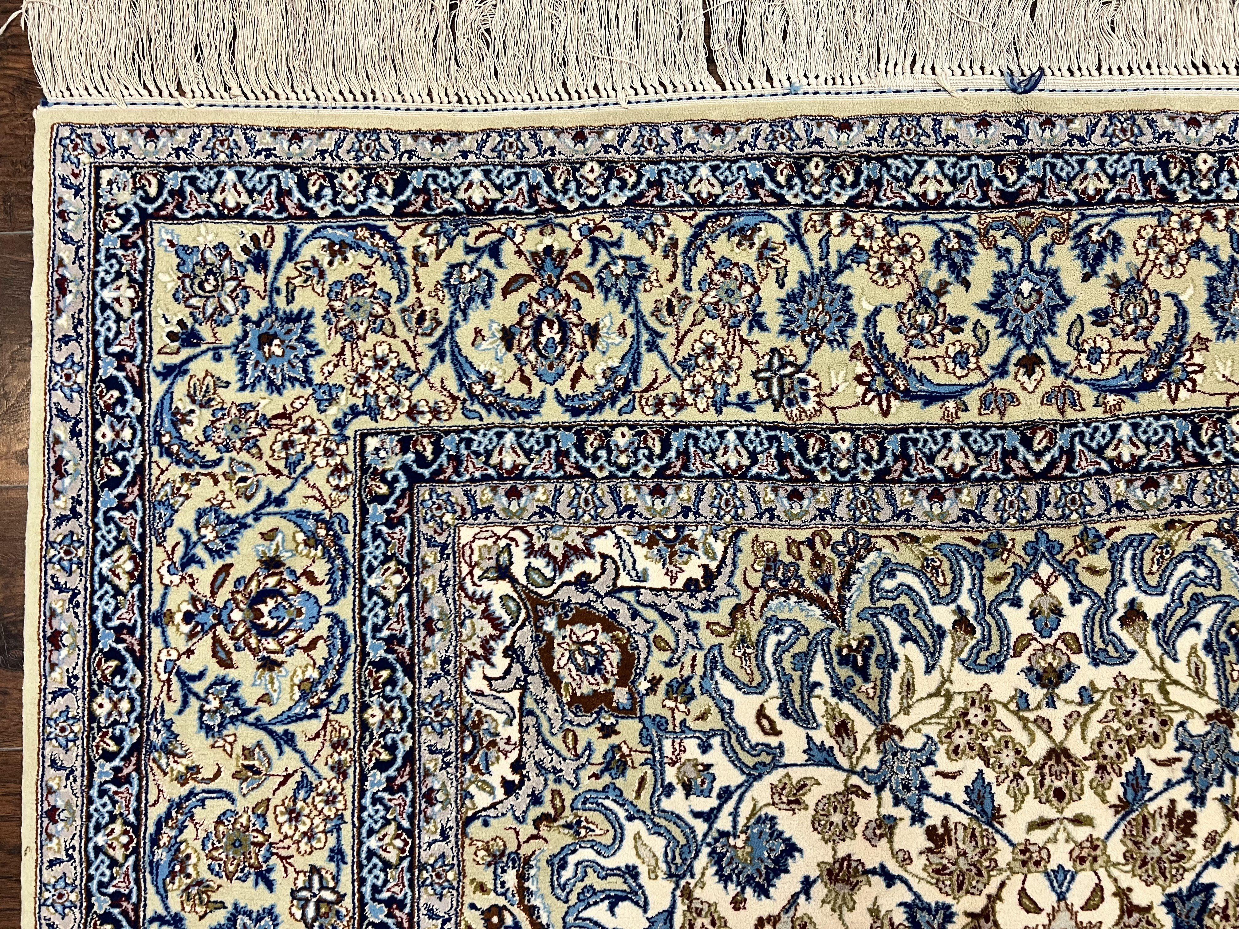 Persian Isfahan Rug 5x8, Kork Wool on Silk Foundation, 440 KPSI, Handmade Vintage Carpet, Floral Medallion Oriental Rug, Ivory & Blue, Very Fine - Jewel Rugs