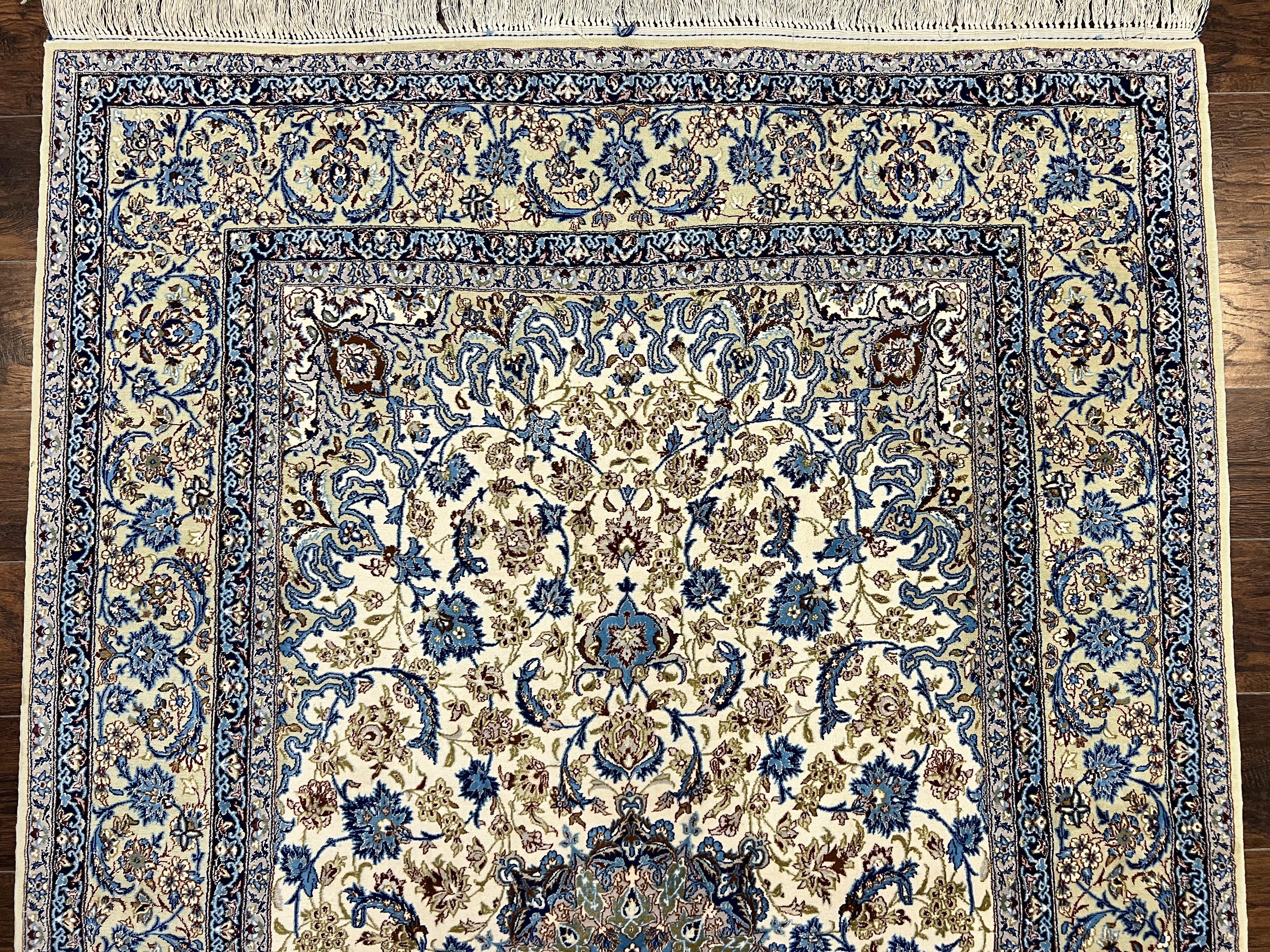 Persian Isfahan Rug 5x8, Kork Wool on Silk Foundation, 440 KPSI, Handmade Vintage Carpet, Floral Medallion Oriental Rug, Ivory & Blue, Very Fine - Jewel Rugs