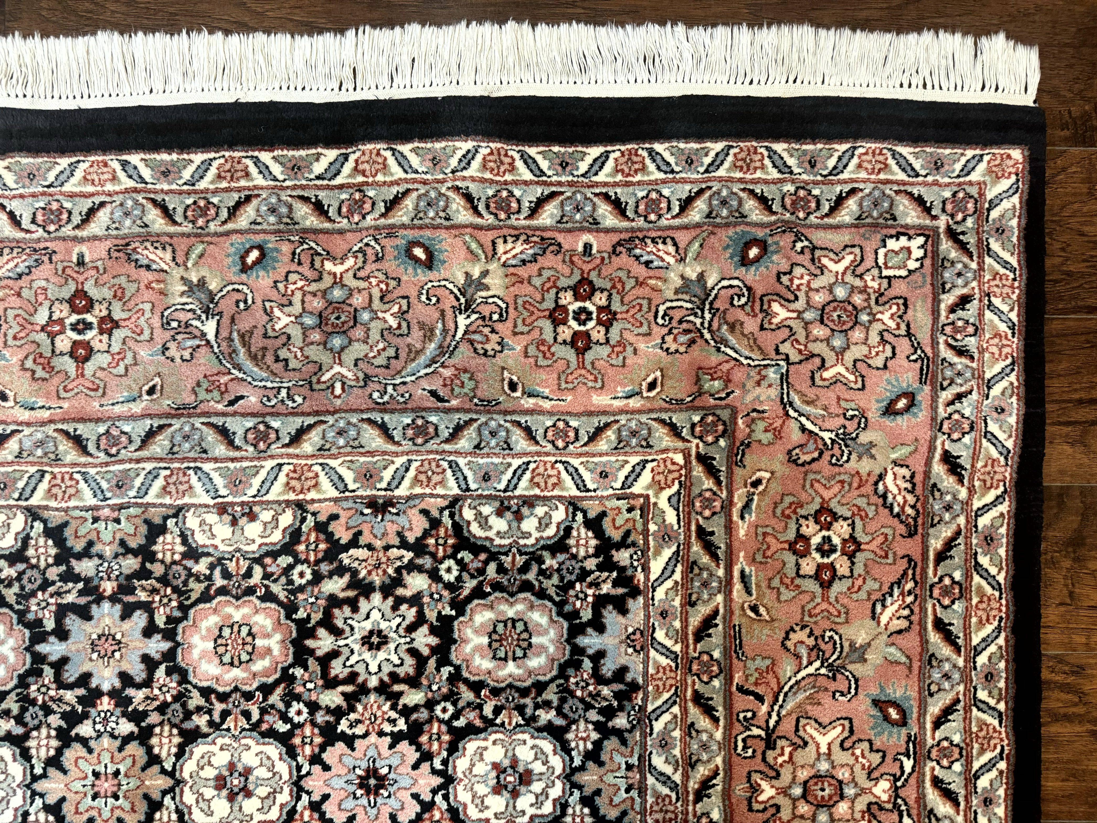 Indo Persian Rug 9x12, Vintage Handmade Wool Carpet, Repeated Allover Motif, Navy Blue and Pink - Jewel Rugs