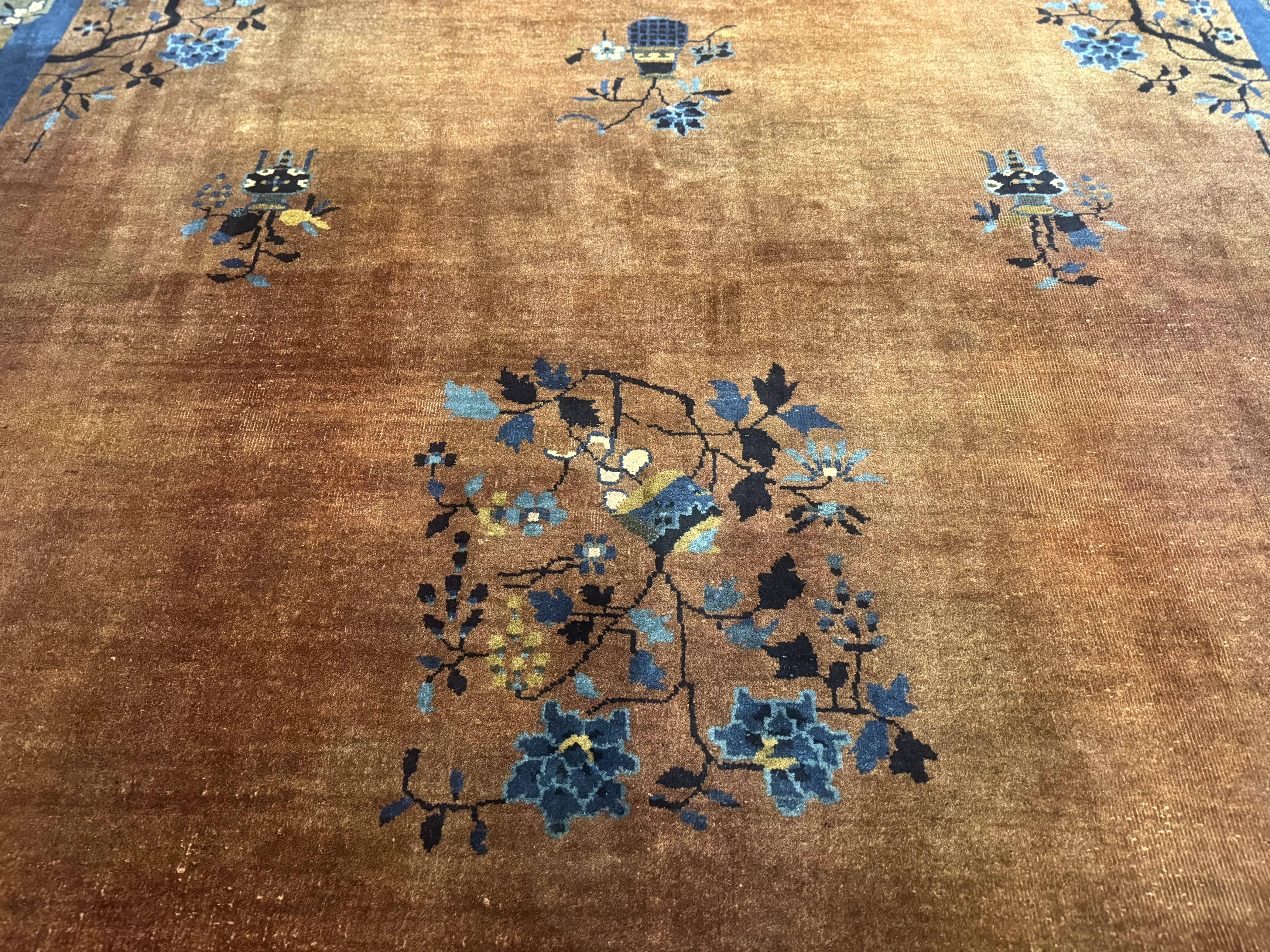 Antique Chinese Wool Rug 9x12, Light Brown and Navy Blue, Fete Peking Art Deco - Jewel Rugs