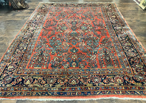 Antique Persian Sarouk Rug 9x11, Red Floral Allover, Rare 1920s Persian Carpet, Handmade Wool Rug