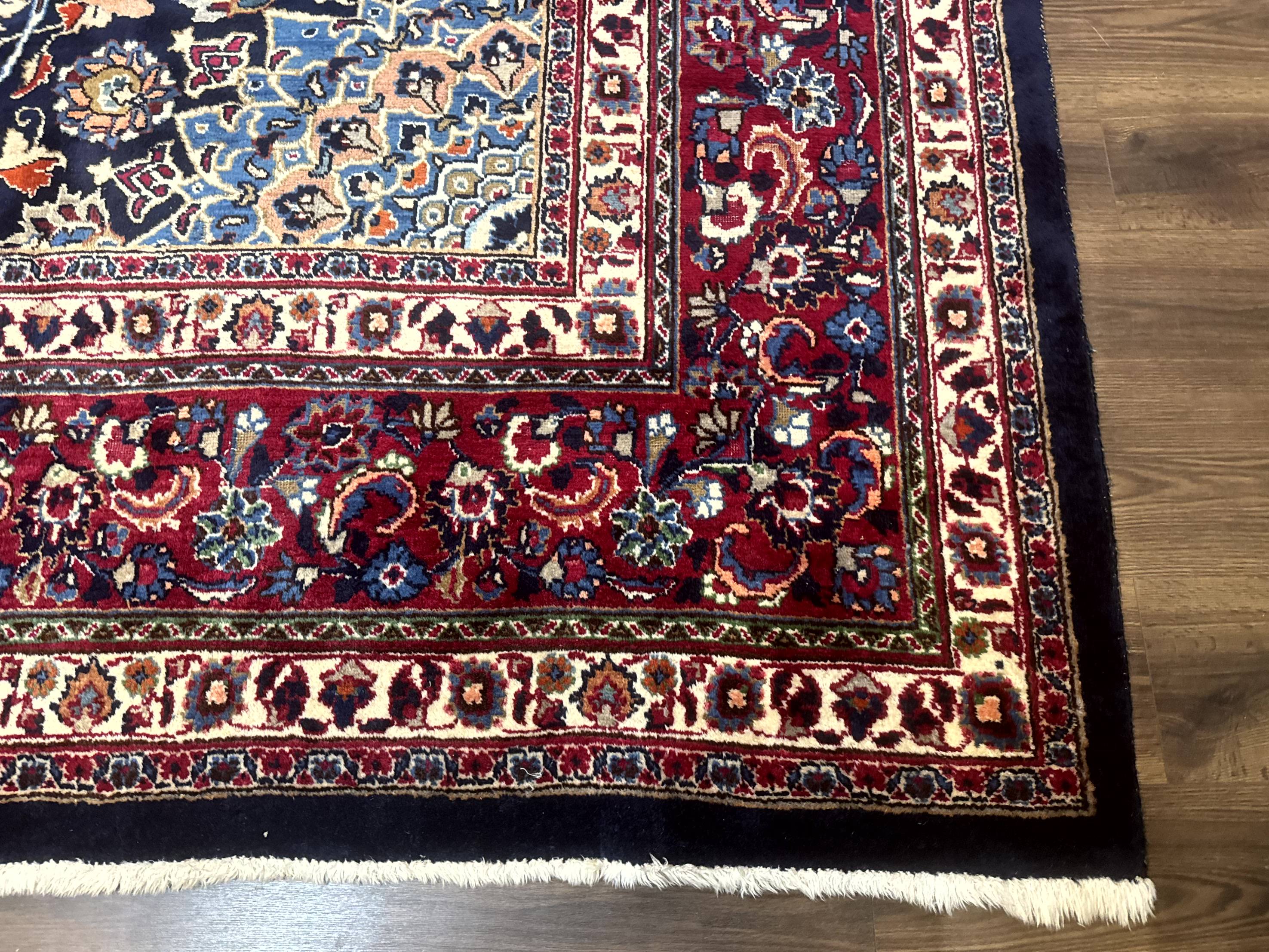 Palace Size Persian Mashad Rug 11x16, Navy Blue and Red, Floral Medallion - Jewel Rugs