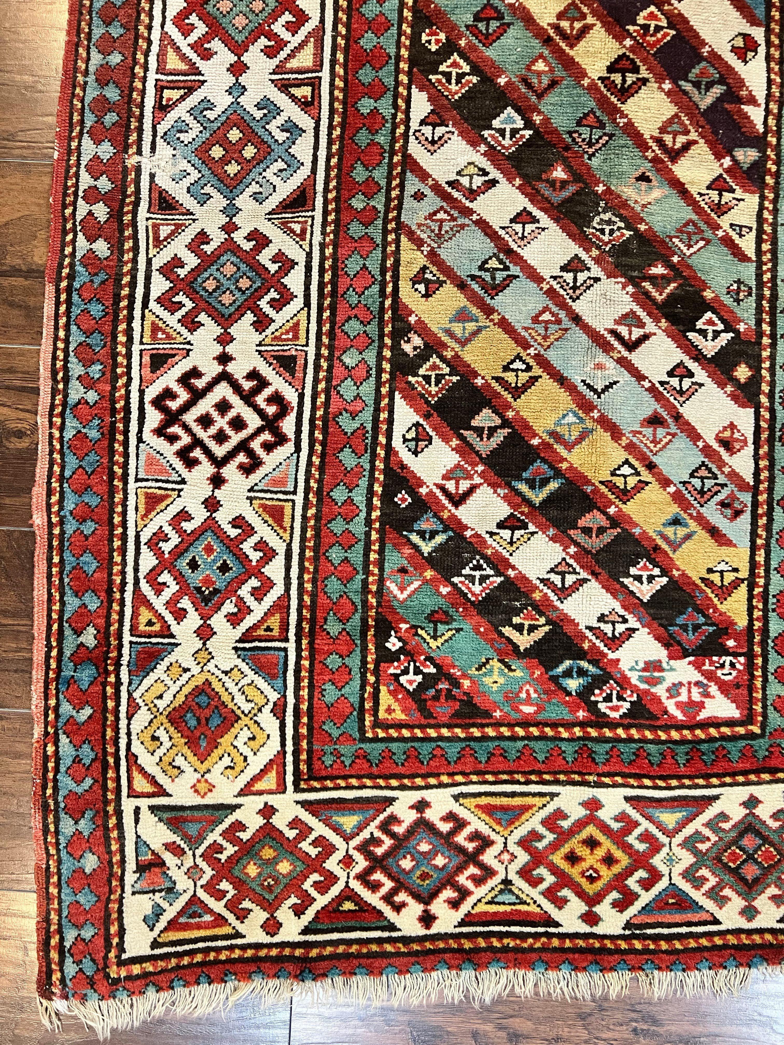 Caucasian Kazak Runner Rug 3.6 x 8, Wool Hand Knotted Antique 1880s Carpet, Ivory & Multicolor Stripes Oriental Runner Rug, Hallway Rug - Jewel Rugs
