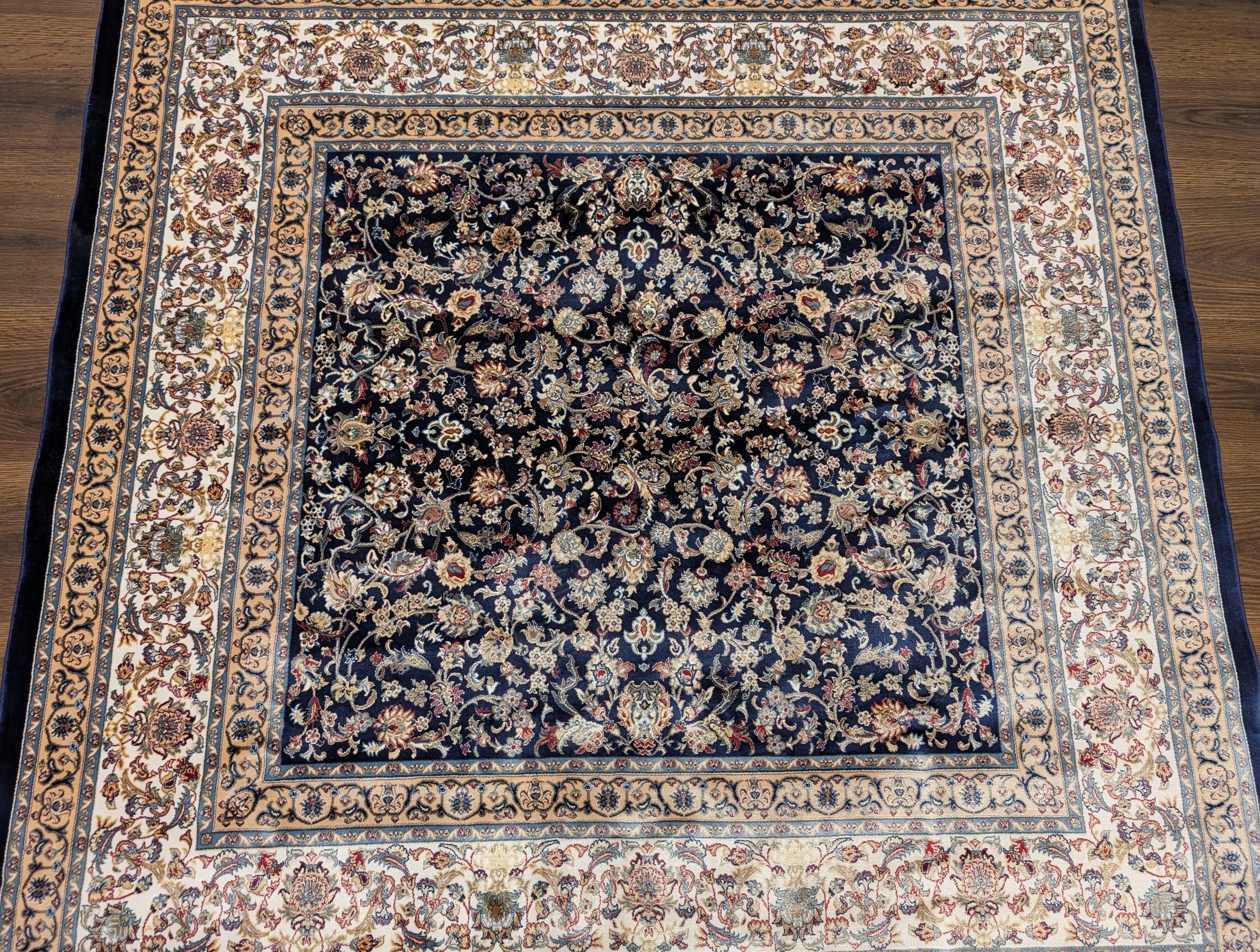 Square Turkish Silk Rug 5x5, Navy Blue and Ivory, Floral, Fine, Detailed, New, Bamboo Silk - Jewel Rugs