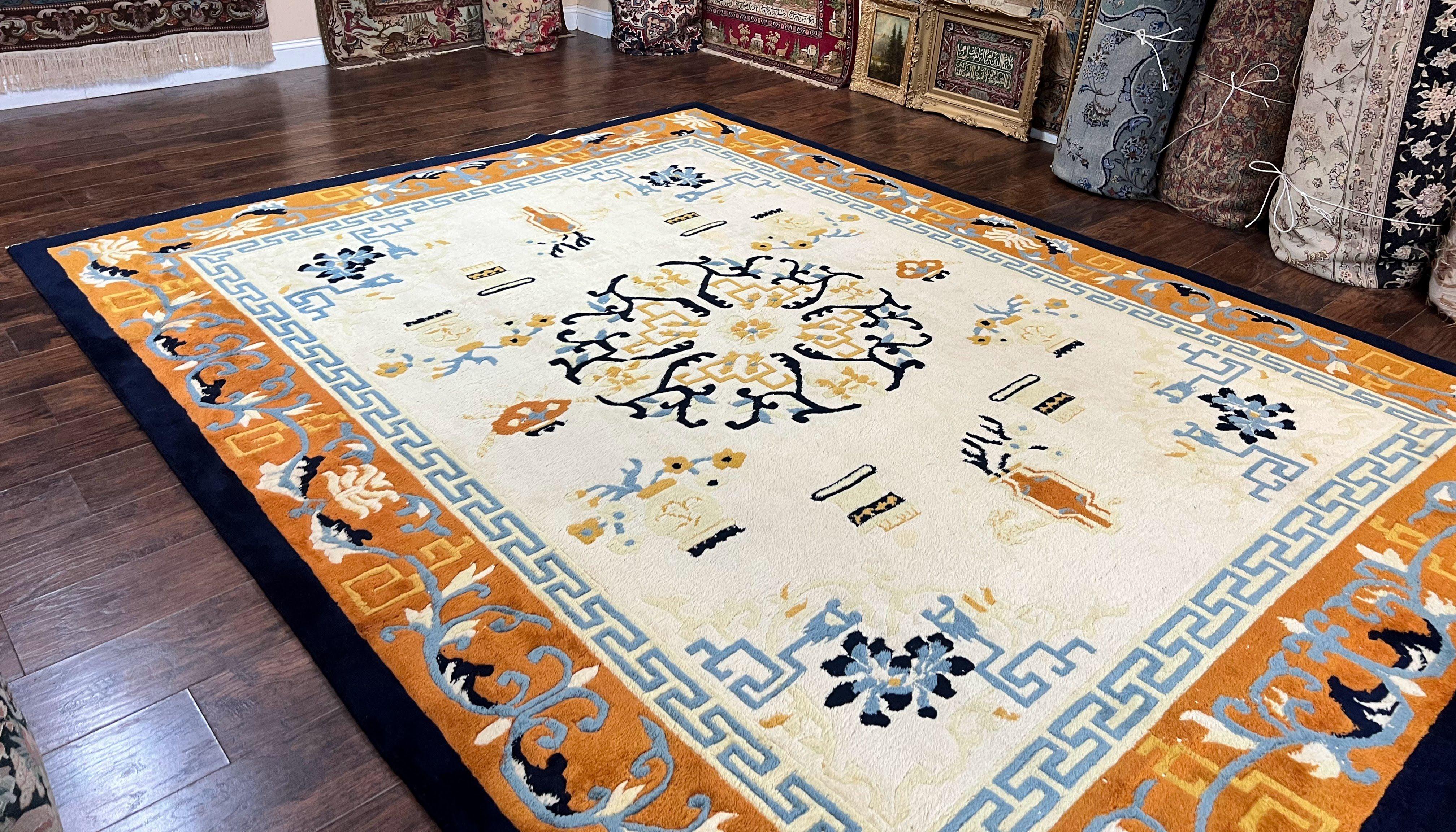 Indo Chinese Rug 9x12, Asian Oriental Carpet 9 x 12, Cream & Burnt Orange, Handmade Wool Vintage Art Deco Rug - Jewel Rugs