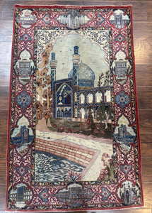 Persian Isfahan Pictorial Rug 3.6 x 5.7, Very Fine 400 KPSI, Historical Buildings, Signed By Masterweaver, Handmade