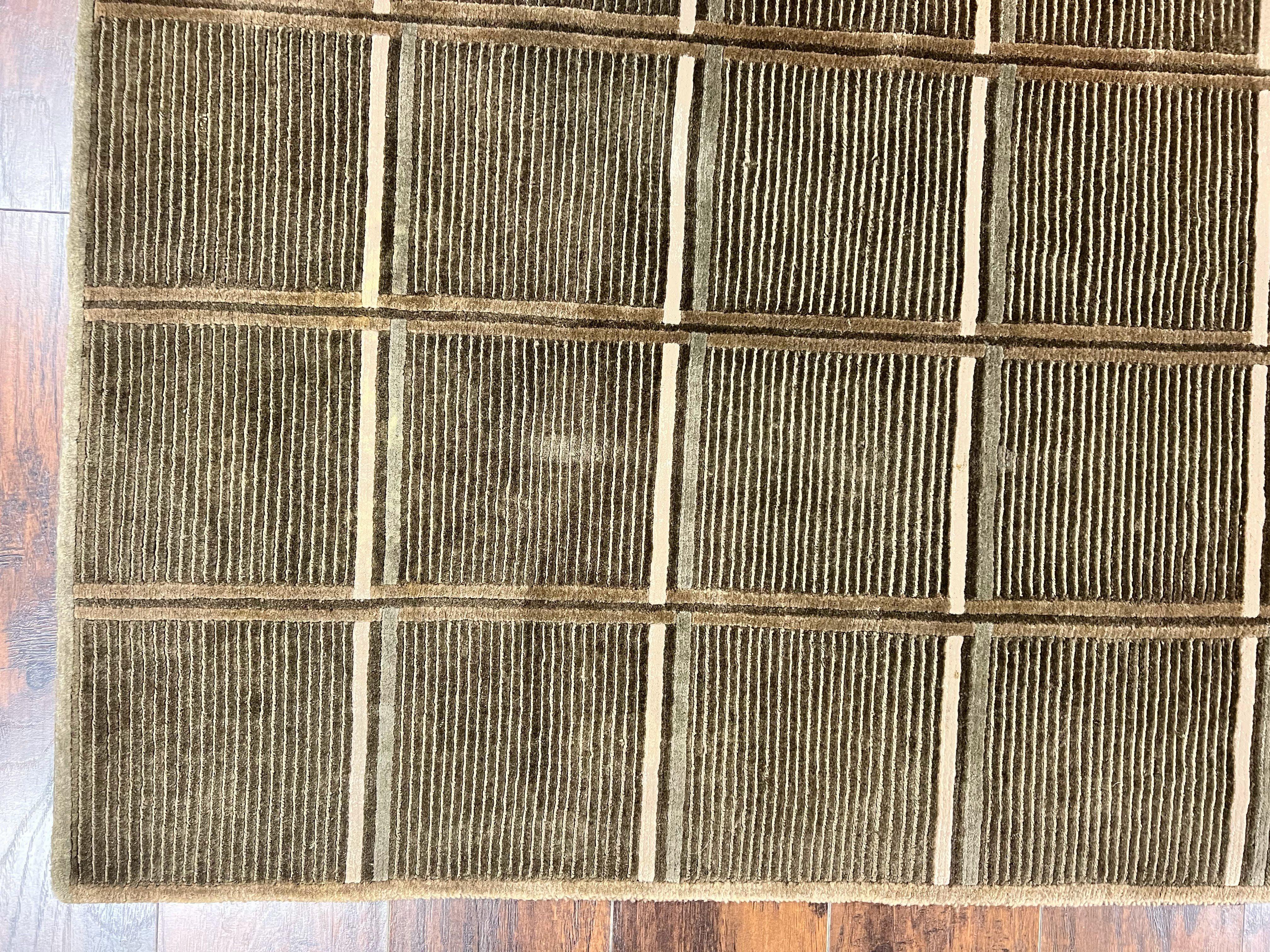 Tibetan Rug 4x6, Green Wool Handmade Area Rug 4 x 6, Panel Design, Modern Contemporary - Jewel Rugs