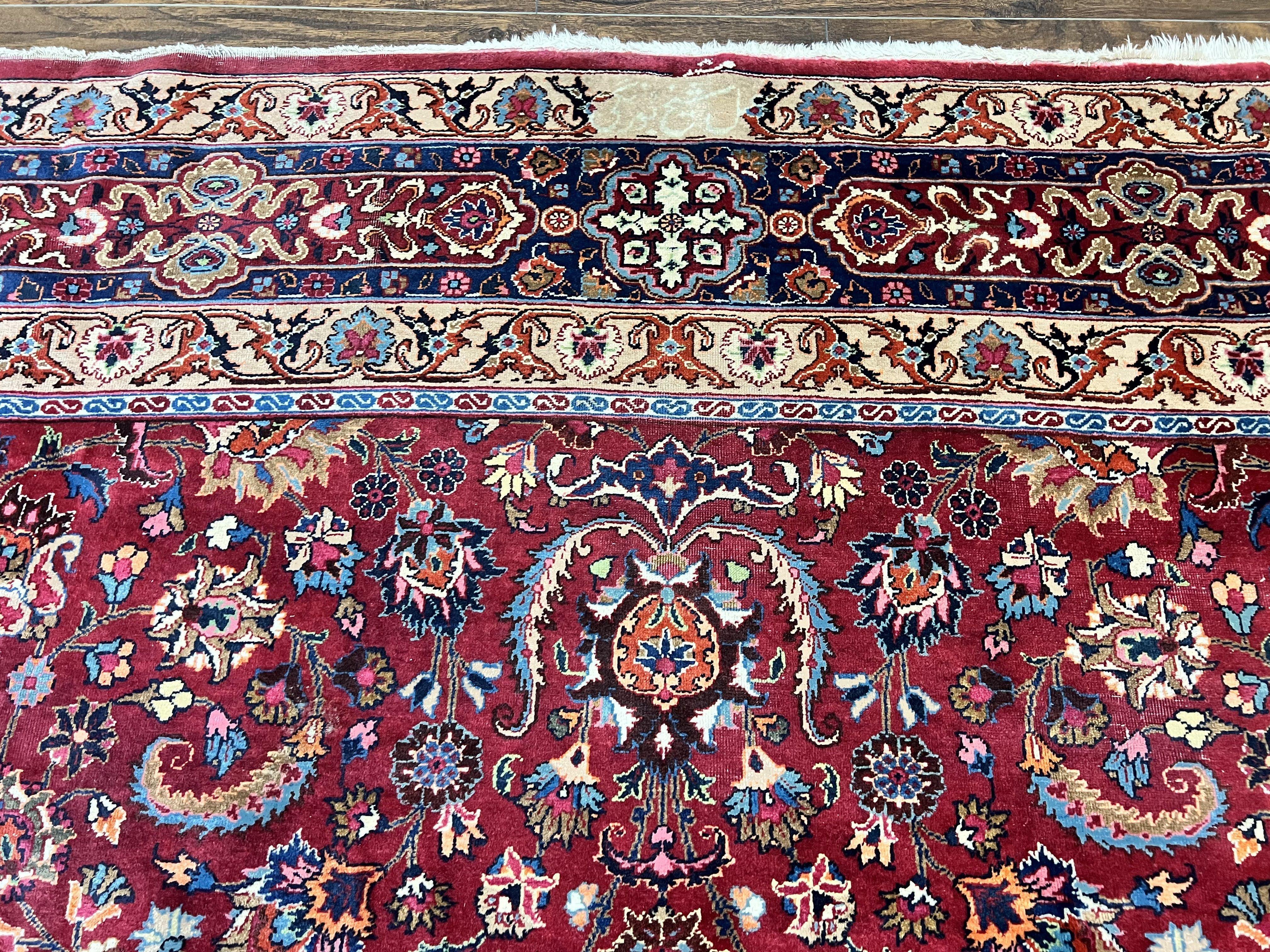 Signed Persian Mashad Rug 8x10, Wool Oriental Carpet, Semi Antique Rug, Hand Knotted, Traditional, Red, Floral Allover, - Jewel Rugs