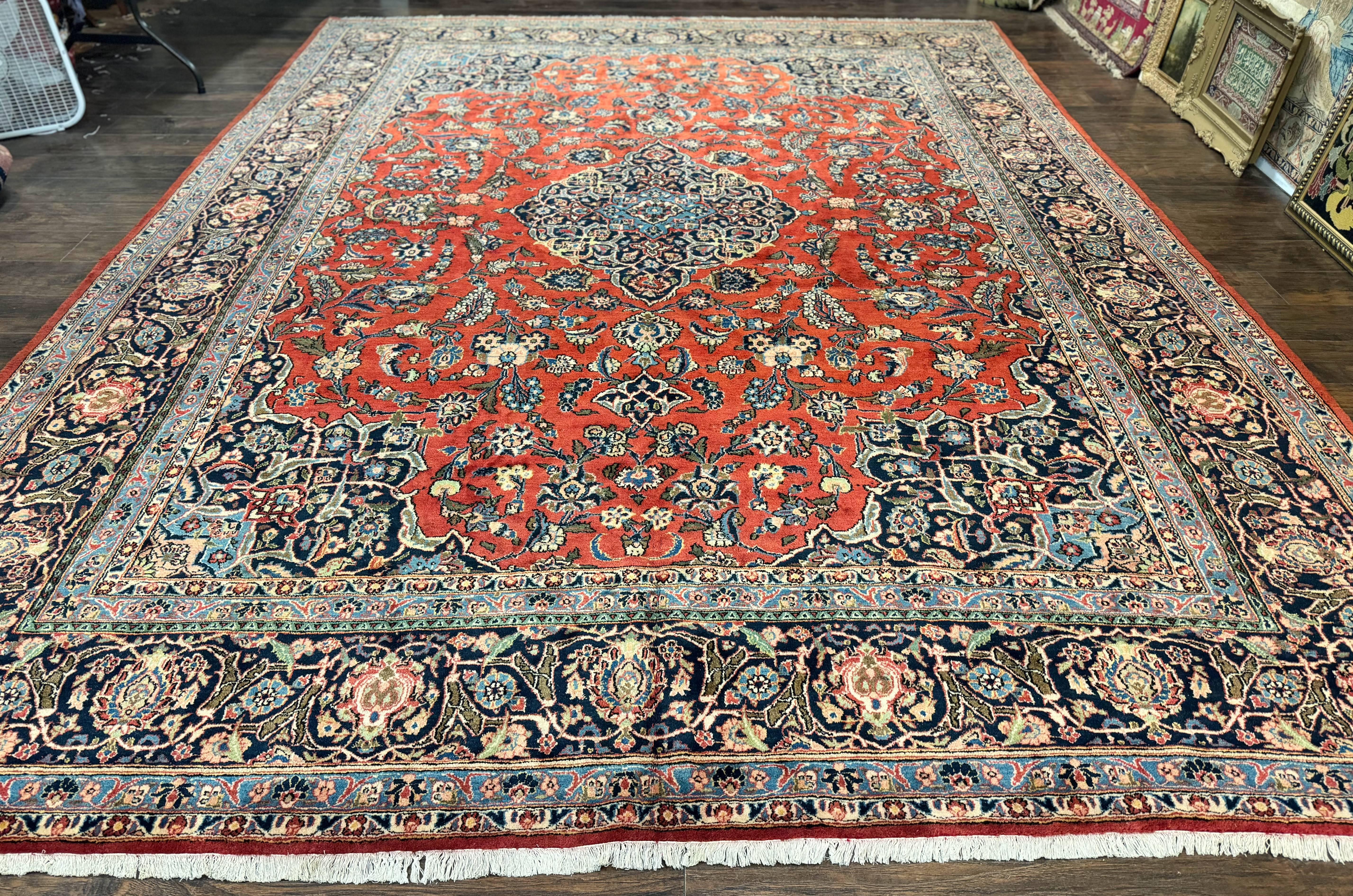 Red Persian Kashan Rug 10x14, Hand-Knotted Semi Antique Floral Medallion Handmade Wool Carpet, Red & Navy Blue - Jewel Rugs