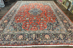 Red Persian Kashan Rug 10x14, Hand-Knotted Semi Antique Floral Medallion Handmade Wool Carpet, Red & Navy Blue