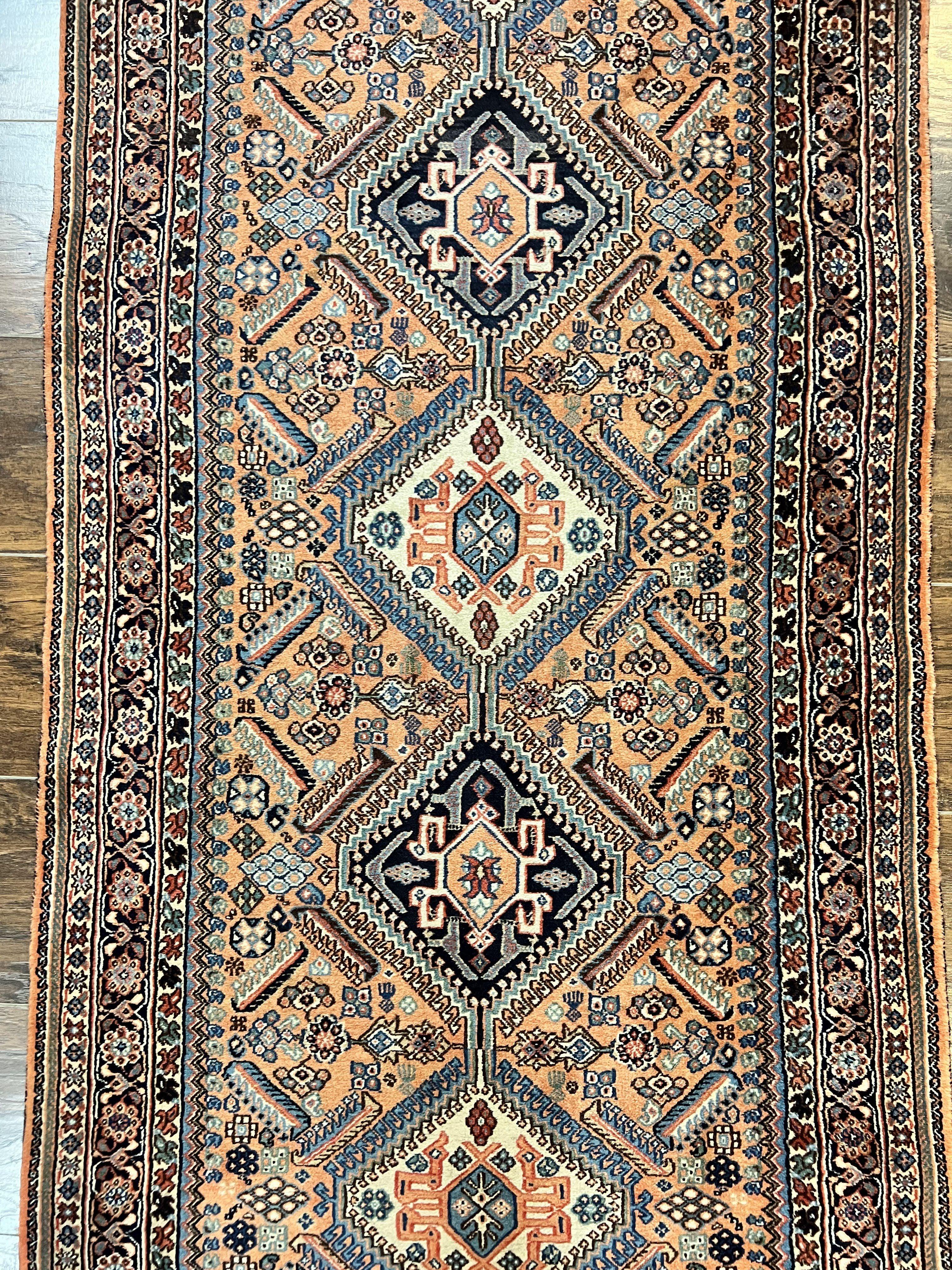 Persian Qashqai Runner Rug 2.6 x 10, Wool Hand Knotted Vintage Tribal Oriental Carpet, Salmon, Geometric Medallions Rug, Hallway Rug - Jewel Rugs