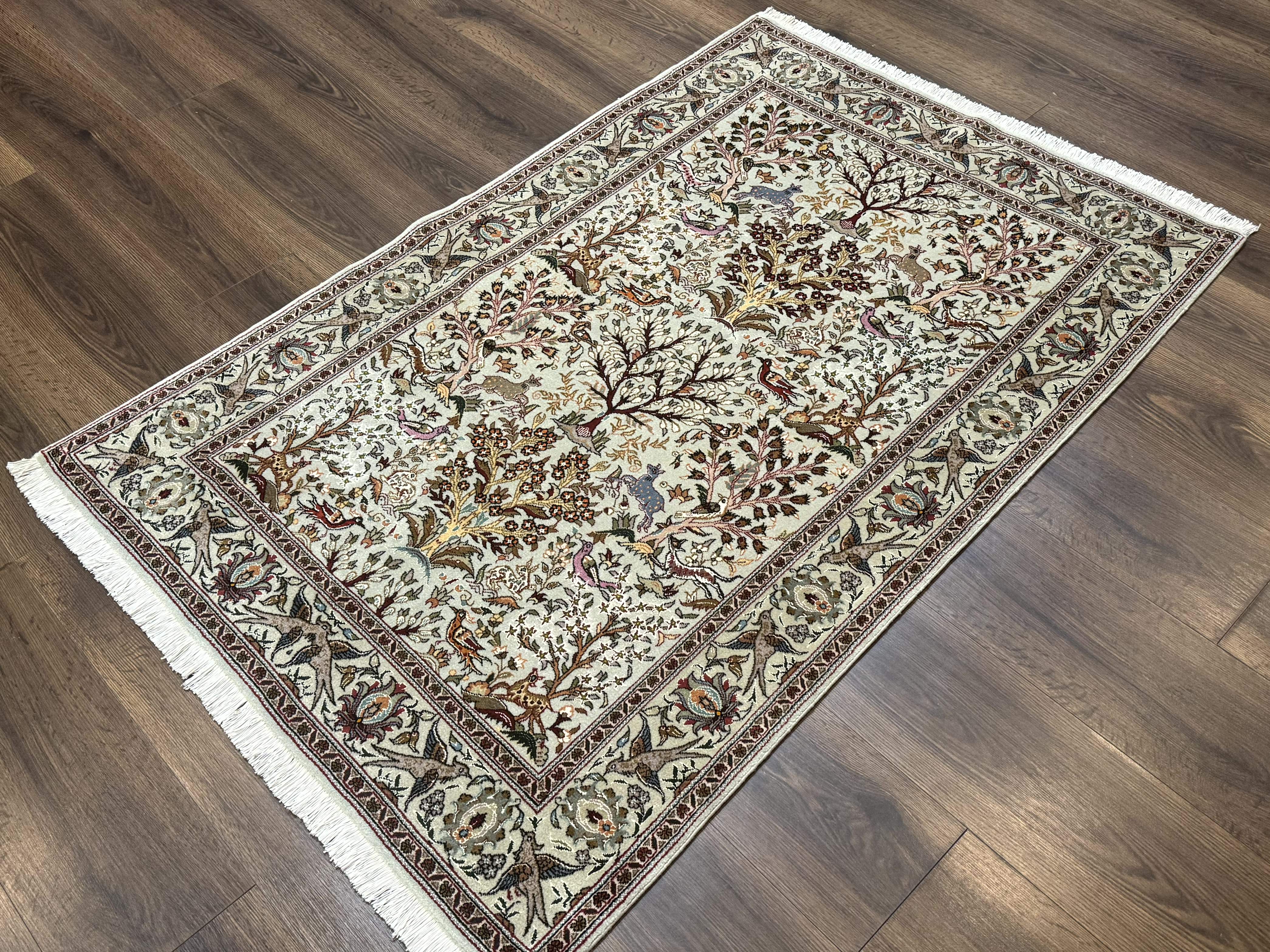 Wonderful Persian Tabriz Rug 3x5, Tree of Life, Animal Pictorials, Birds, Wool & Silk Highlights, Fine 330 KPSI - Jewel Rugs