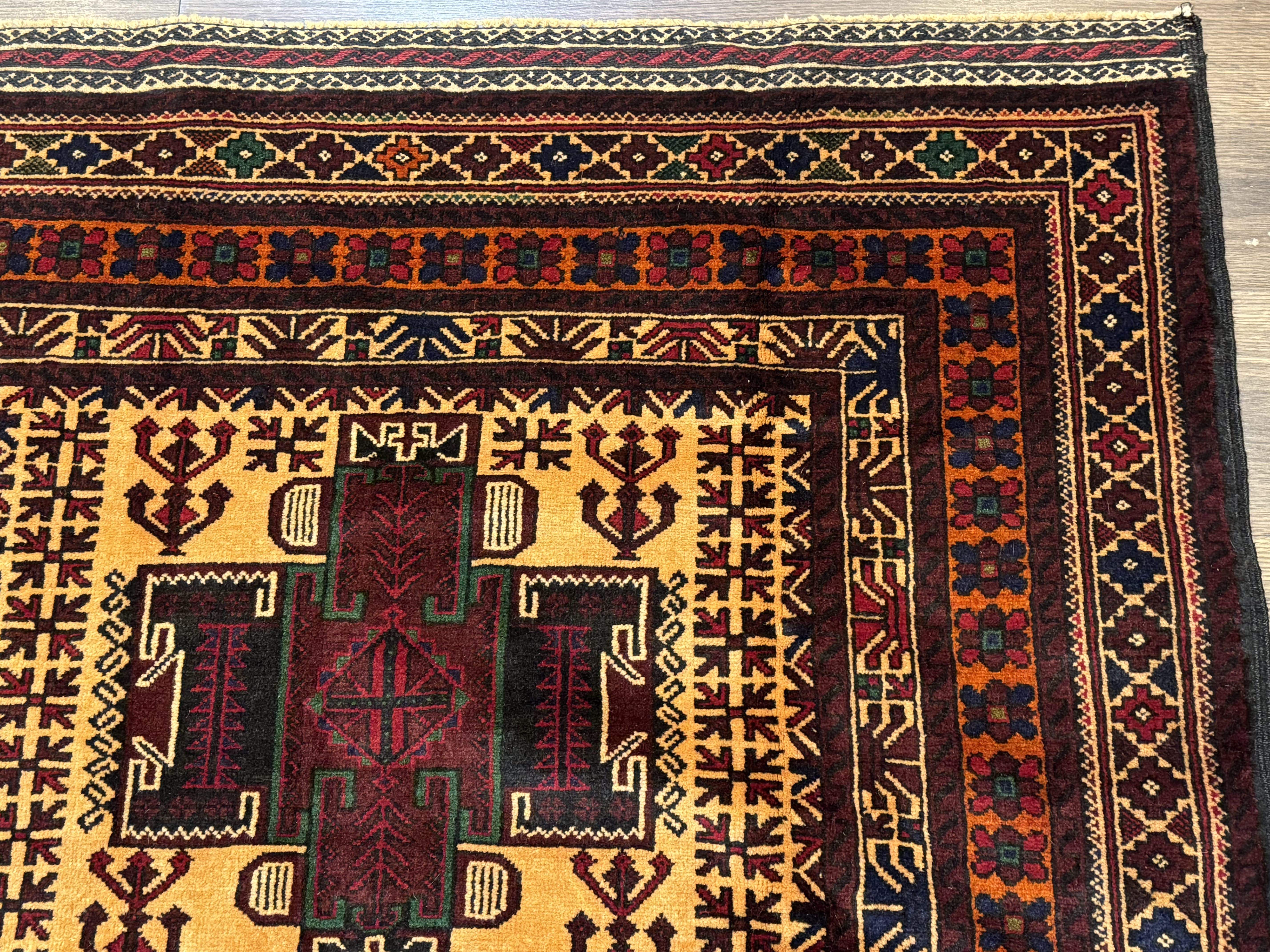 Persian Baluch Rug 4x7 – Golden Yellow and Burgundy, Hand-Knotted Wool Tribal Carpet - Jewel Rugs