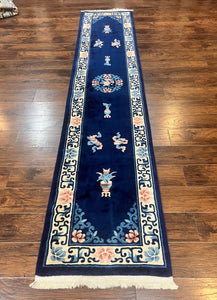 Chinese Wool Runner Rug 2.6 x 12, Blue and Beige, Handmade Vintage Wool Rug for Hallway, 12ft Runner, Asian Oriental Art Deco 90 Line Rug