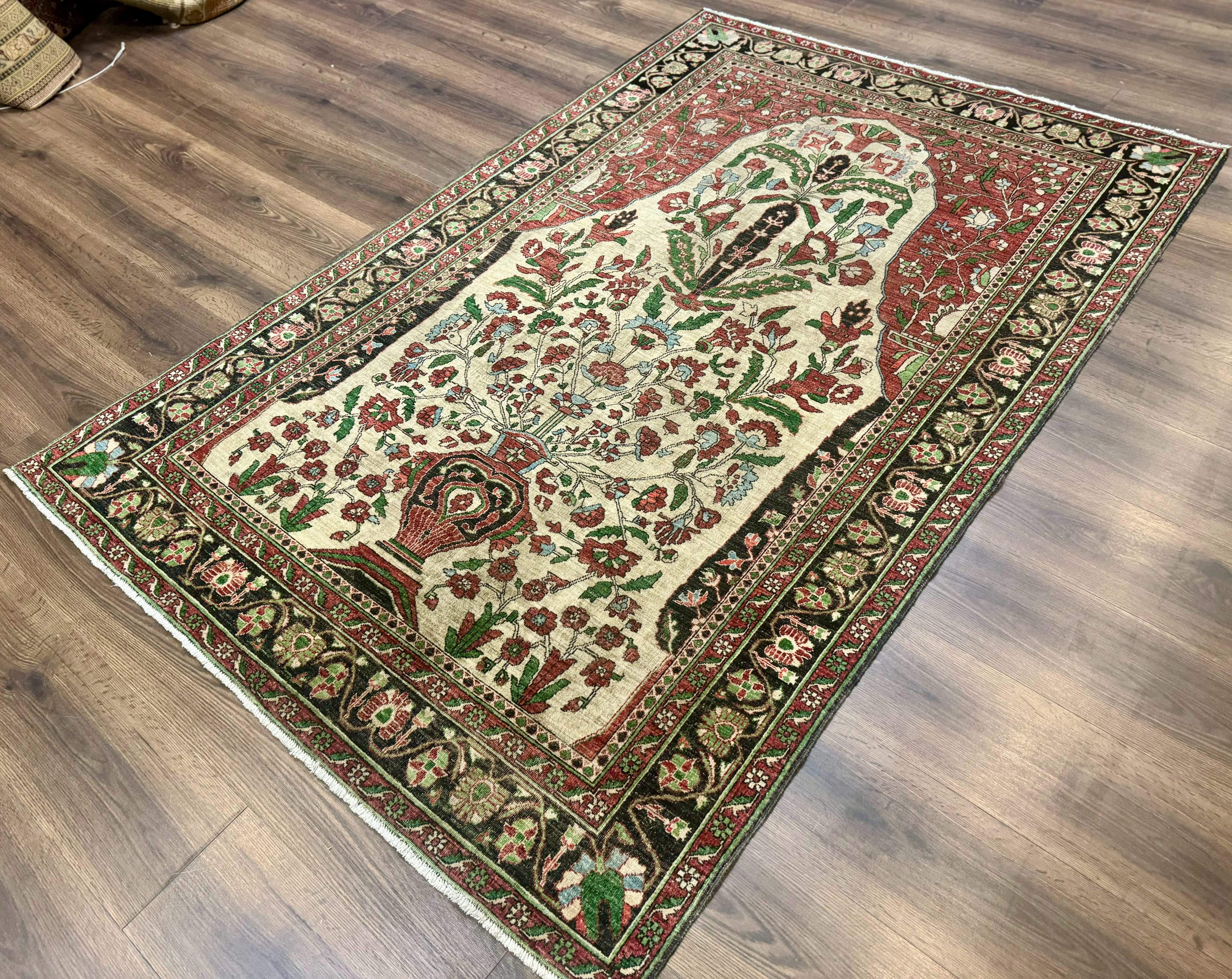 Persian Sarouk Rug 5x7 – Tree of Life Prayer Rug, Persian Vase Design - Jewel Rugs