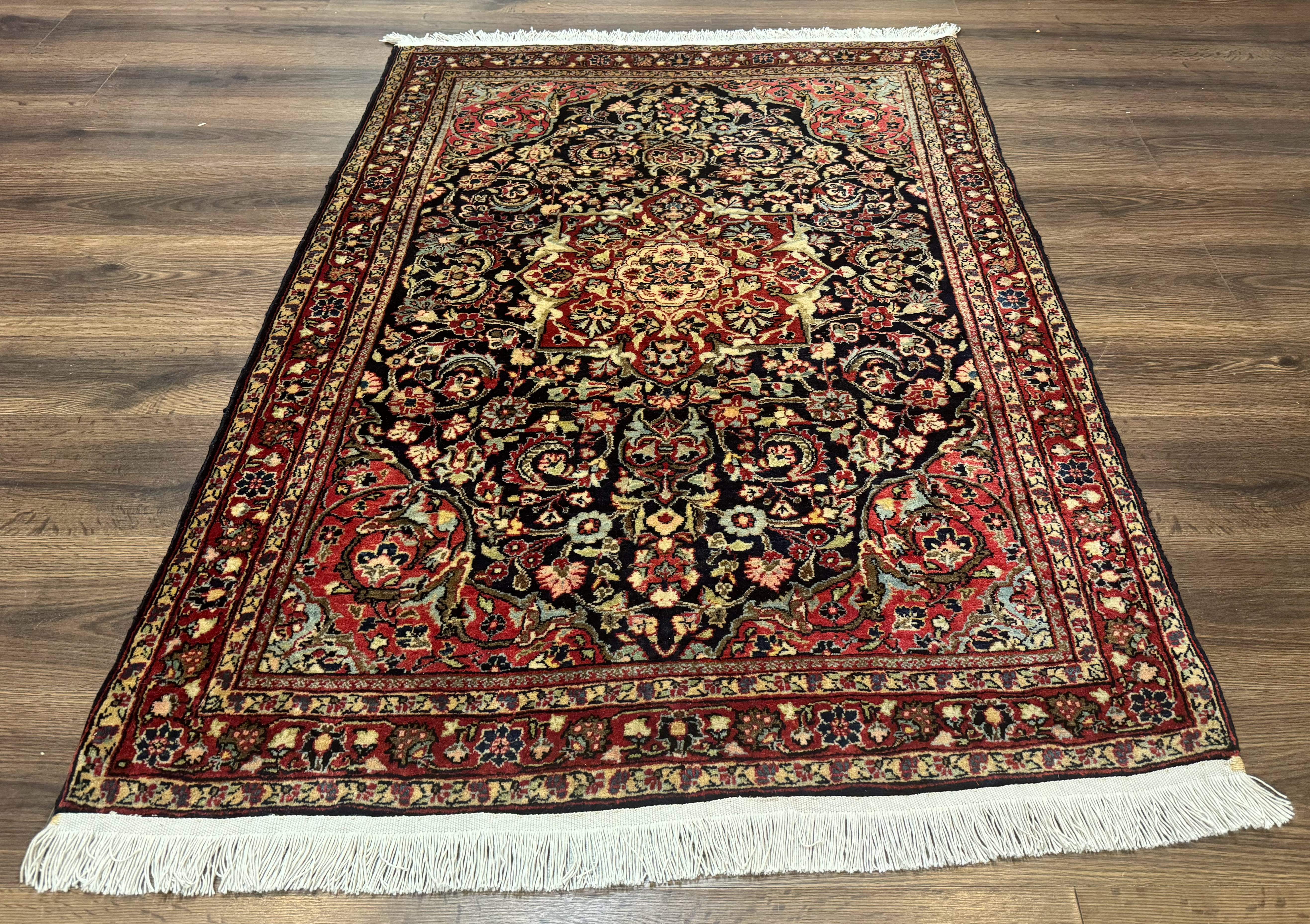 Antique Persian Sarouk Rug 4x5, Dark Blue and Red, Floral Medallion, Fine - Jewel Rugs