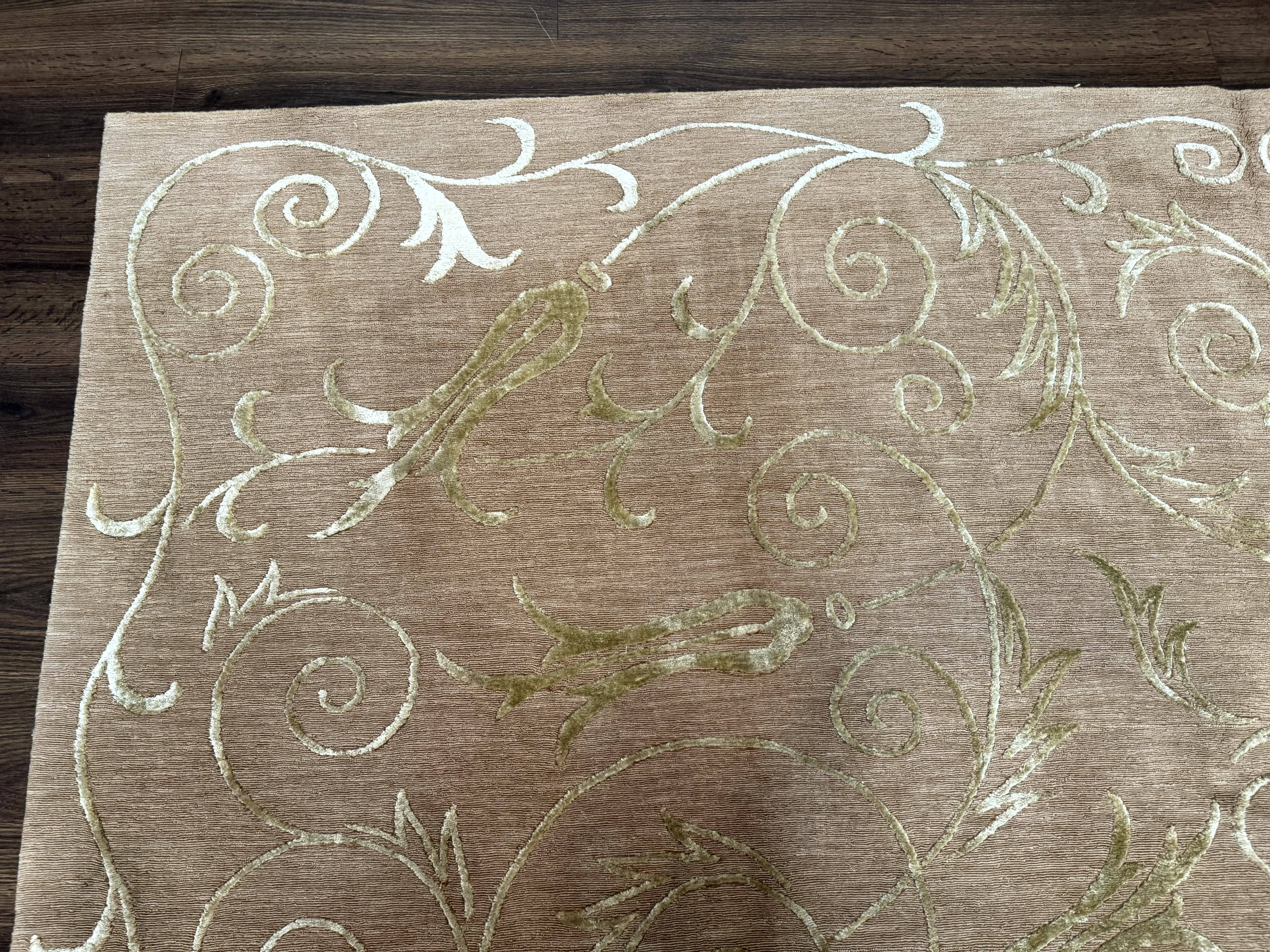 Tibetan Rug 9x12 Wool and Silk Beige Modern Handmade Carpet - Jewel Rugs