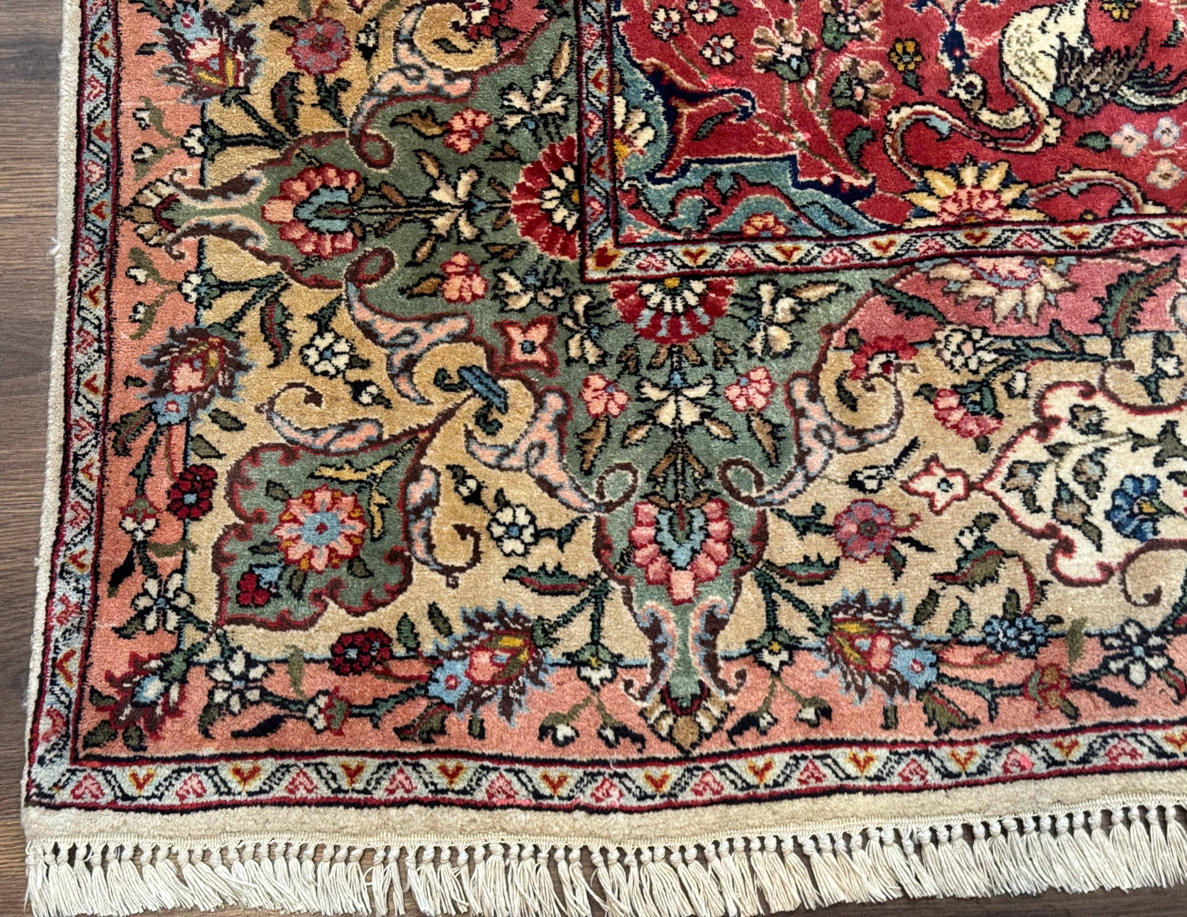 Antique Tabriz Persian Rug 7x10, Red Cream Tan, Unique Design, Fine 270 KPSI, Birds, Floral - Jewel Rugs