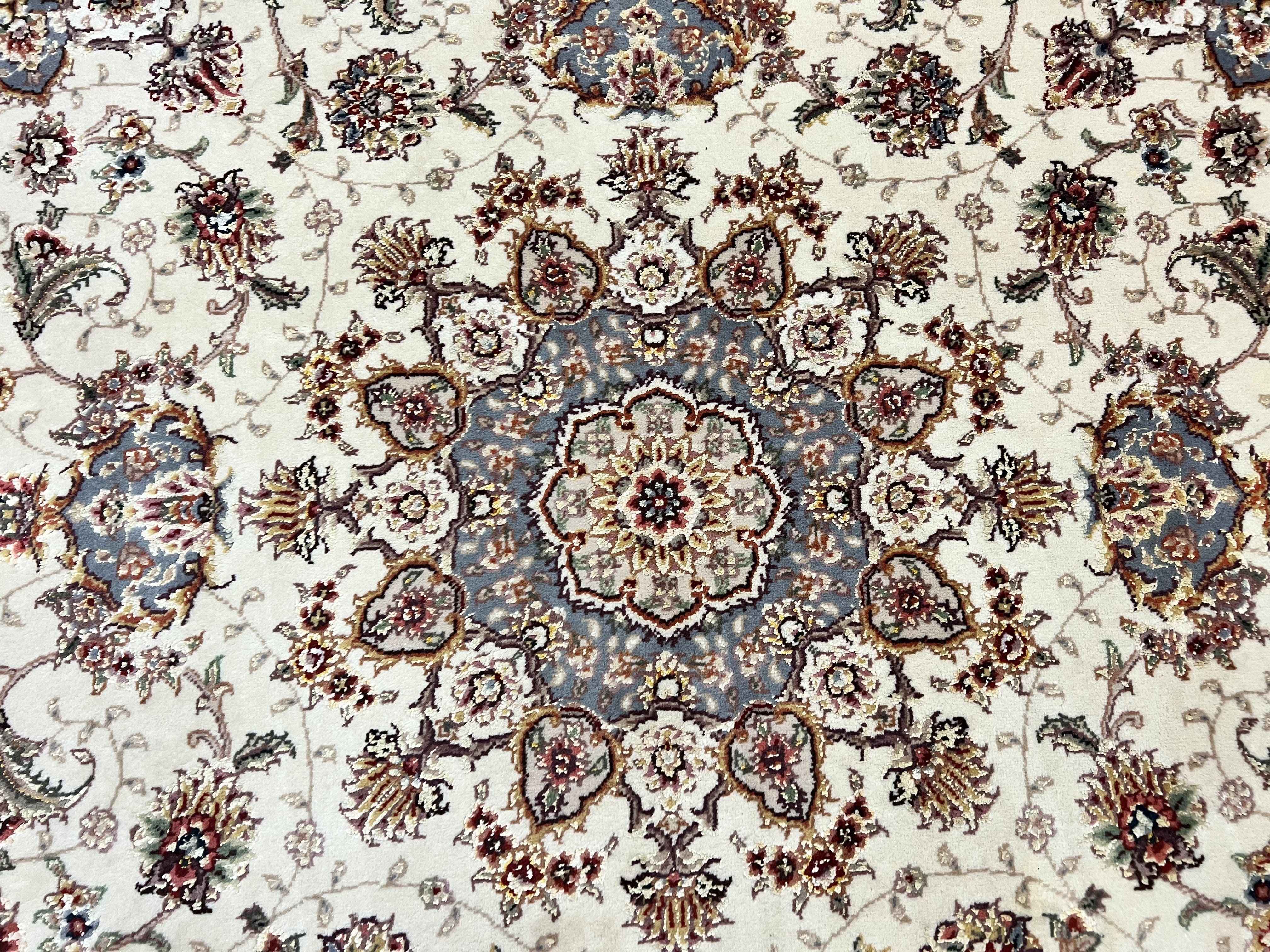 Sino Persian Square Rug 5x5, Very Fine Oriental Carpet, Wool & Silk Highlights, Ivory, Hand Knotted Handmade Vintage Traditional Rug - Jewel Rugs