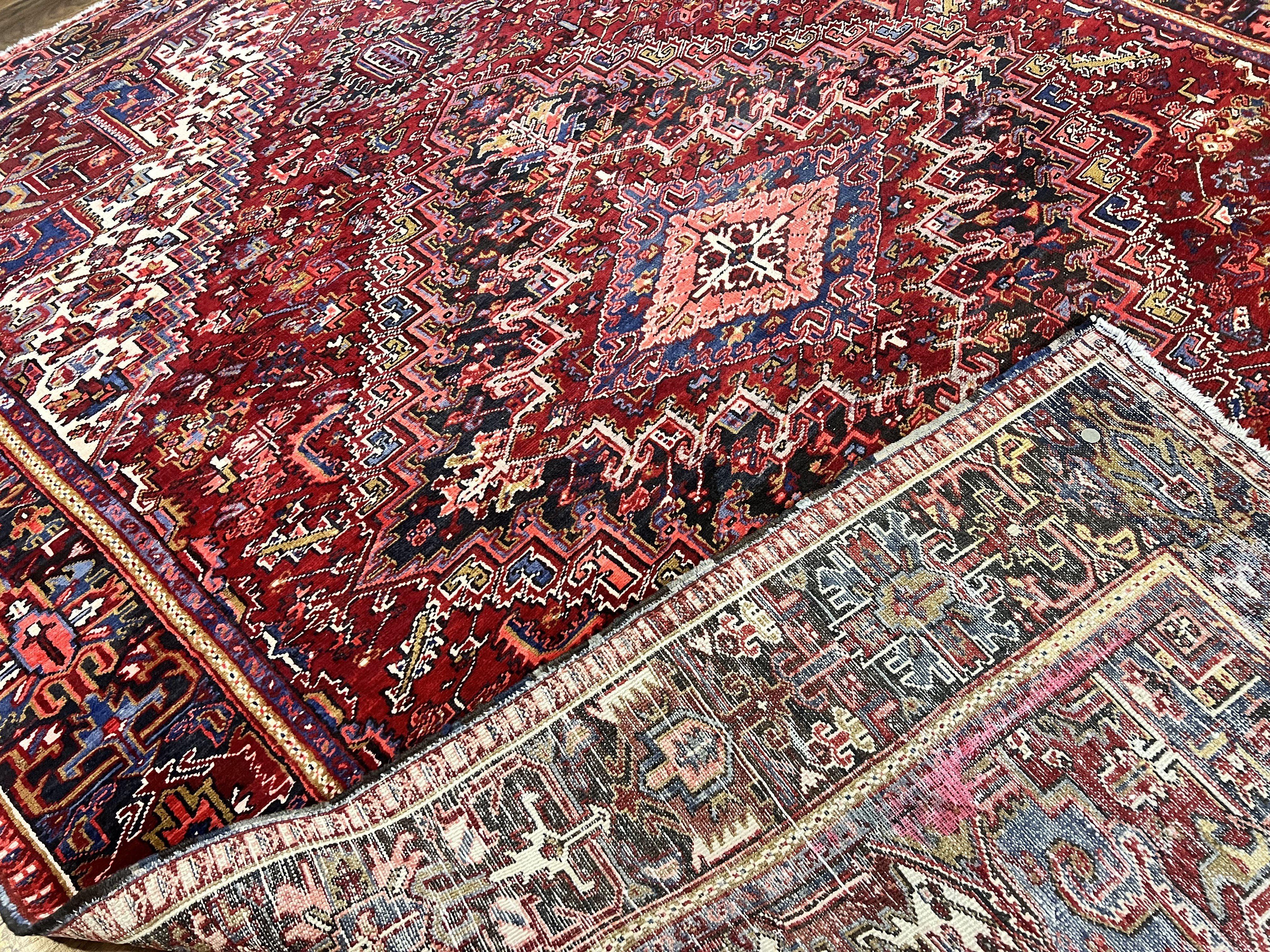 Persian Heriz Rug 9x11 ft, Geometric Rug 9 x 11, Red Room Sized Semi Antique Vintage Wool Hand Knotted Oriental Carpet - Jewel Rugs