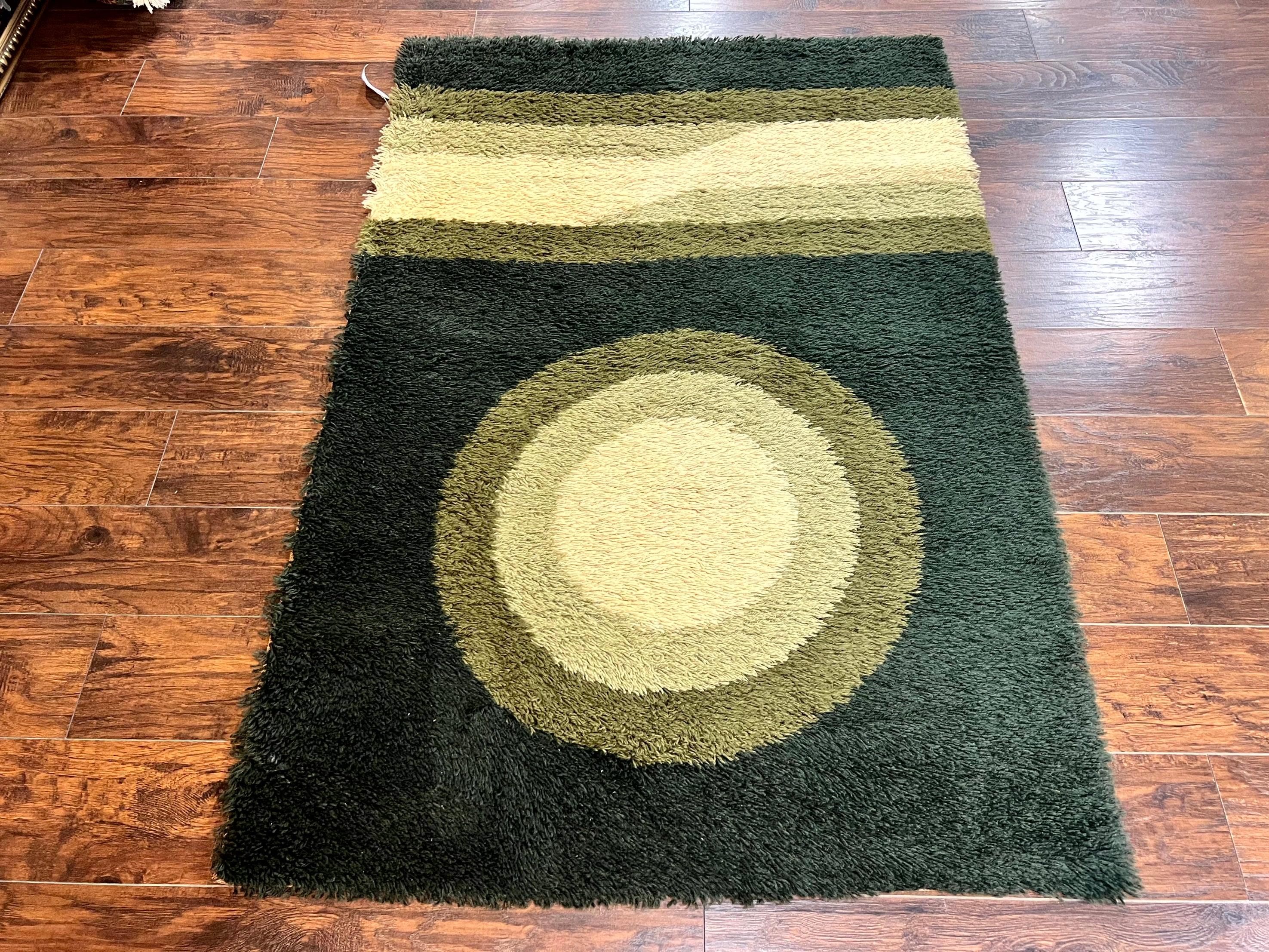 Danish Rya Shag Rug 4x6, Green, Abstract Design, EGE Rya, Vintage Retro Carpet, Mid Century Rya - Jewel Rugs