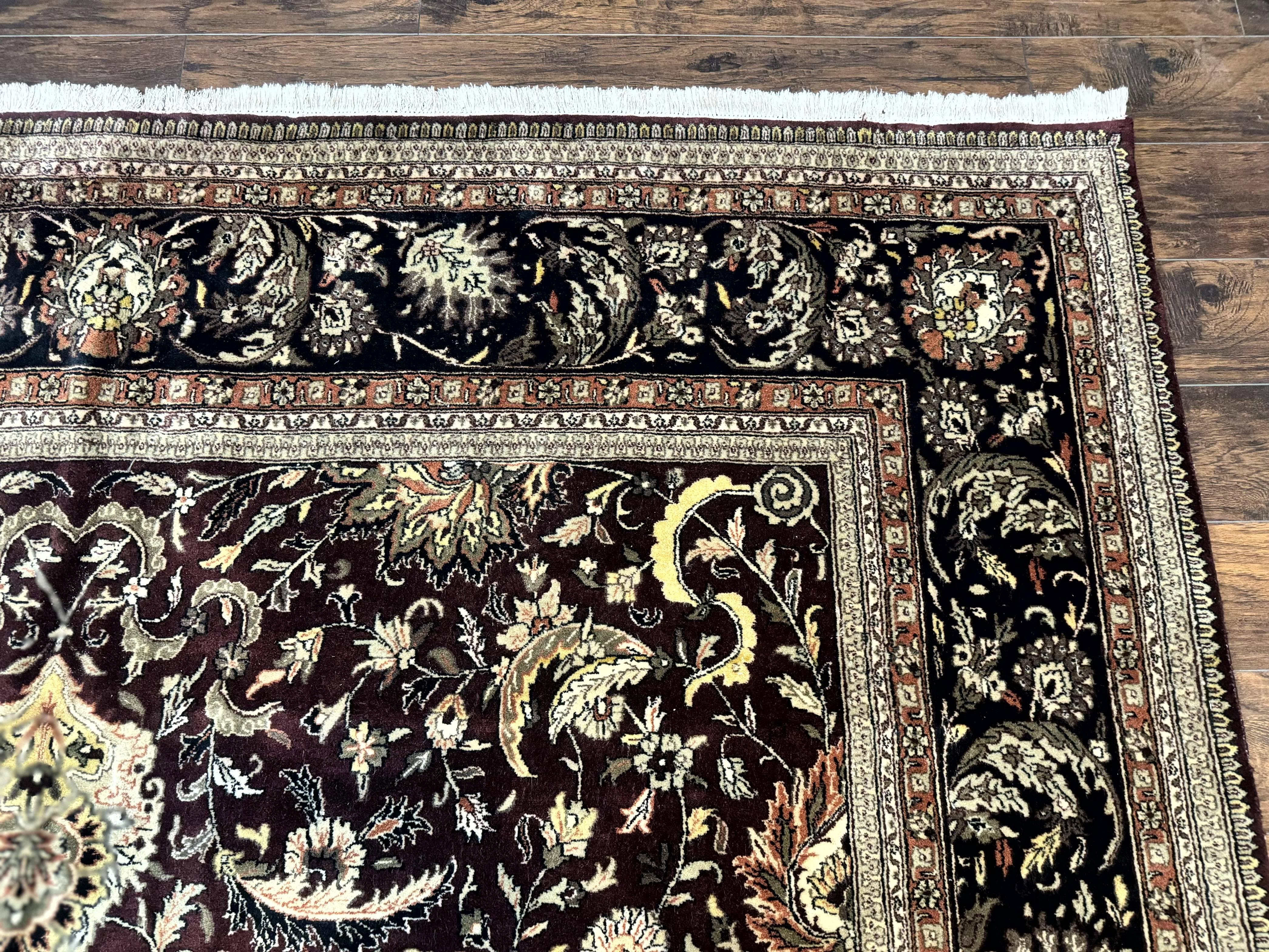 Indo Persian Rug 10x14, Floral Allover, Handmade Vintage Wool Rug, Dark Maroon/Plum and Black - Jewel Rugs