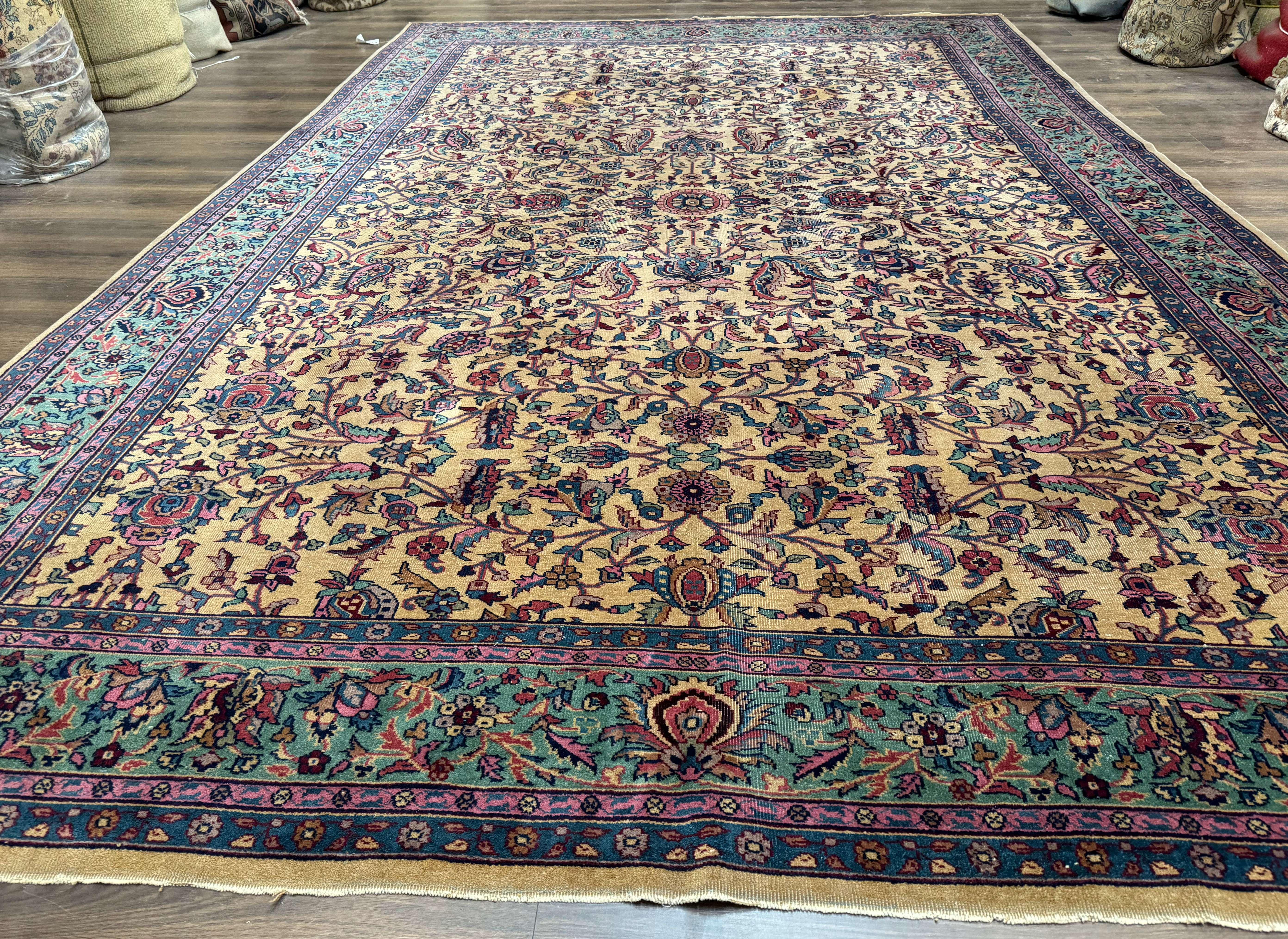 Antique Persian Rug 10x15, Camel and Cyan, Allover Pattern, Rare, Samarkand Rug - Jewel Rugs