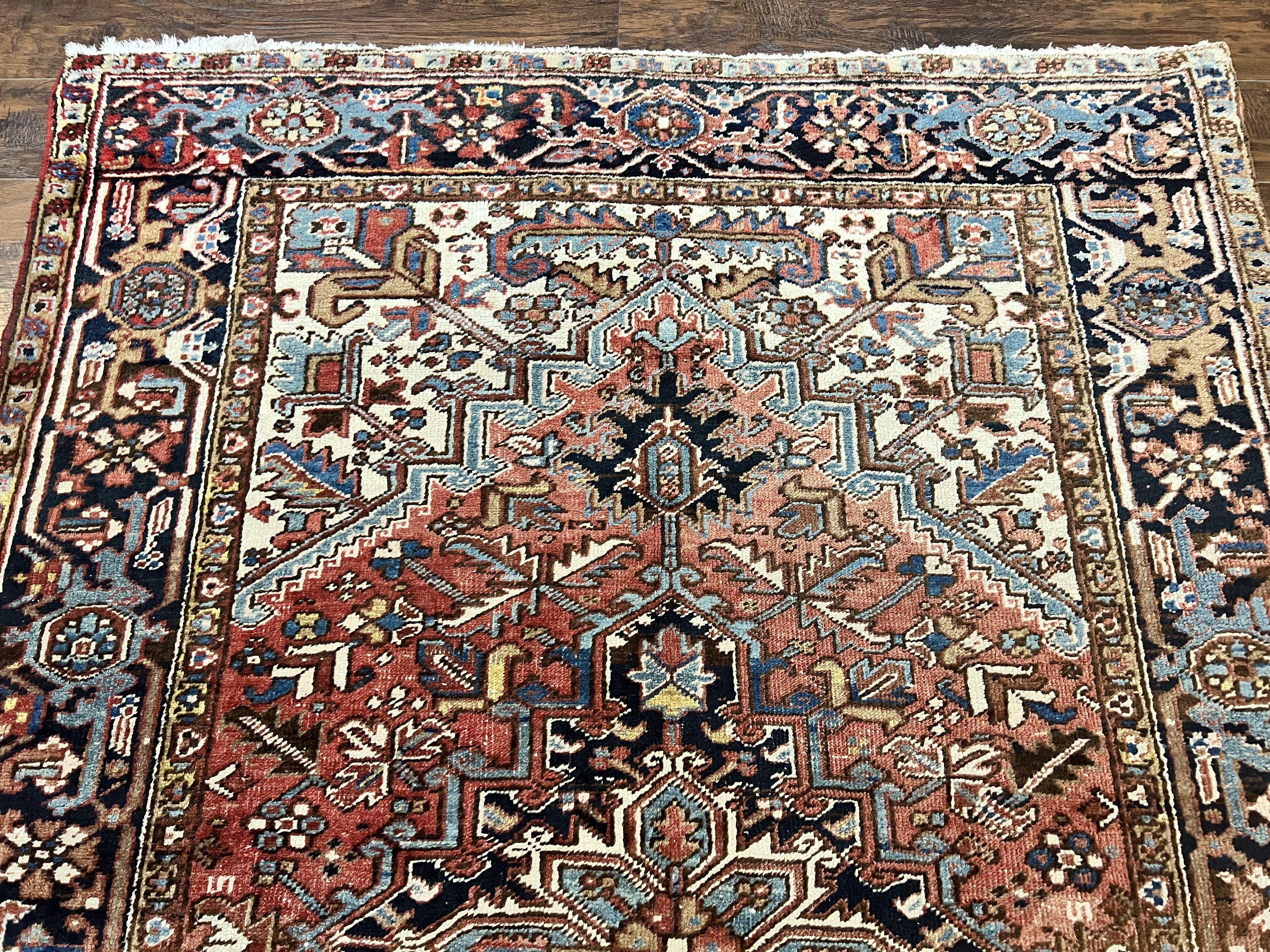 Antique Persian Heriz Rug 6x8, Geometric Medallion, 1920s Oriental Carpet, Handmade Wool Rug - Jewel Rugs