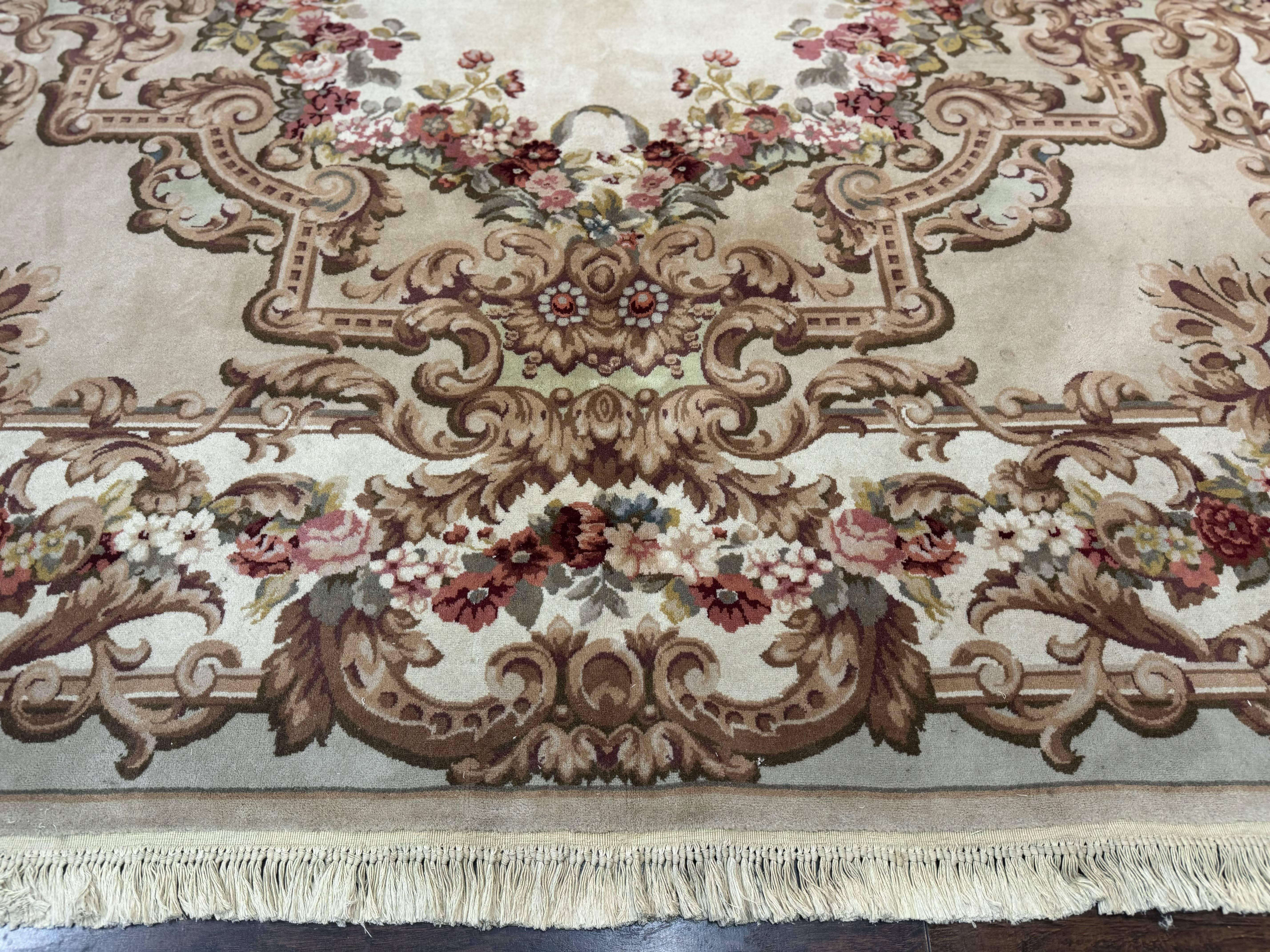 Aubusson Rug 8x12, European French Savonnerie Design, Thick Wool Pile, Elegant Rug, Cream Beige Light Green - Jewel Rugs