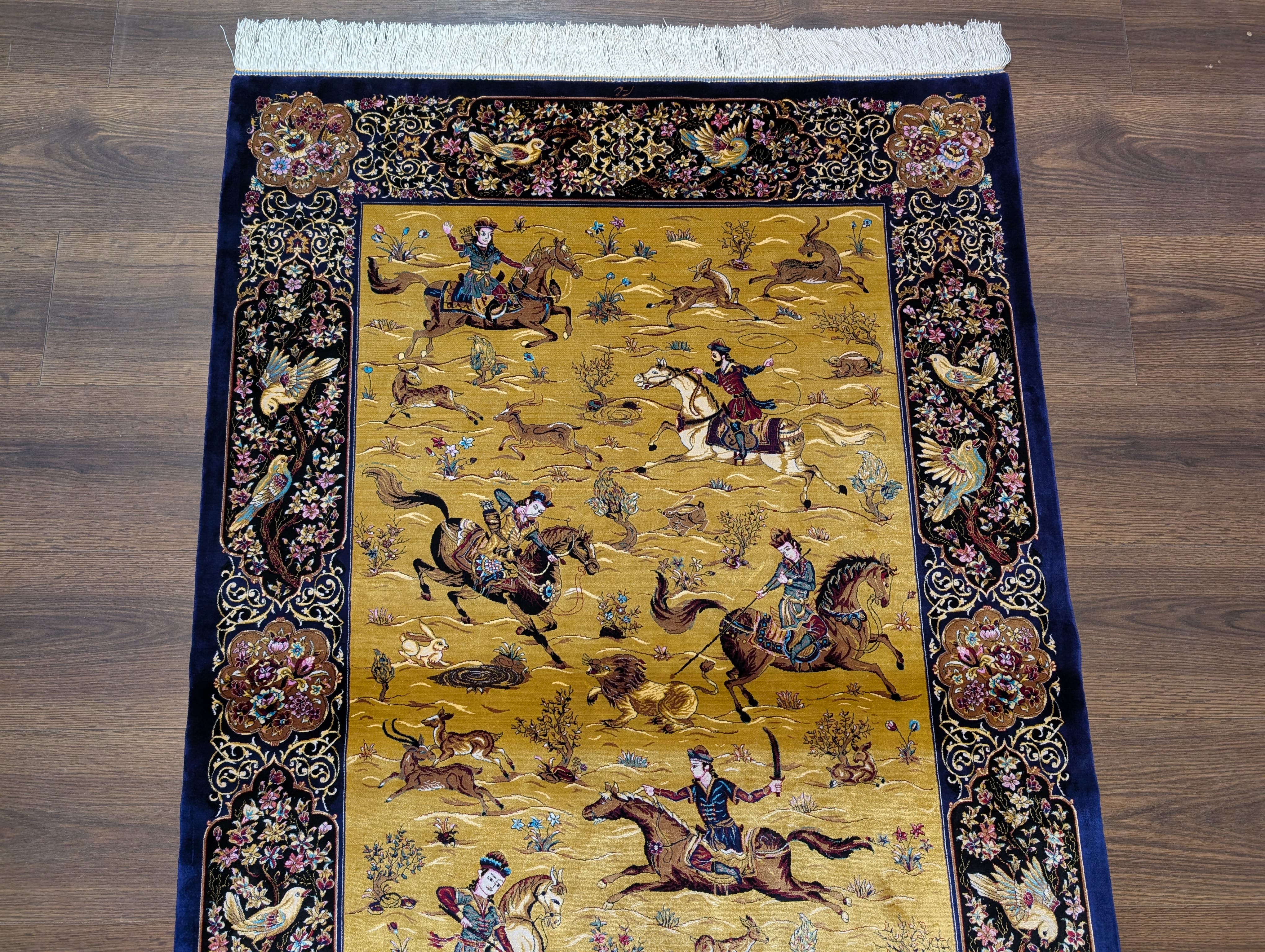 Hunting Pattern Silk Rug 3x5, Animal Pictorials, Persian Design Silk Carpet, Bamboo Silk, New - Jewel Rugs
