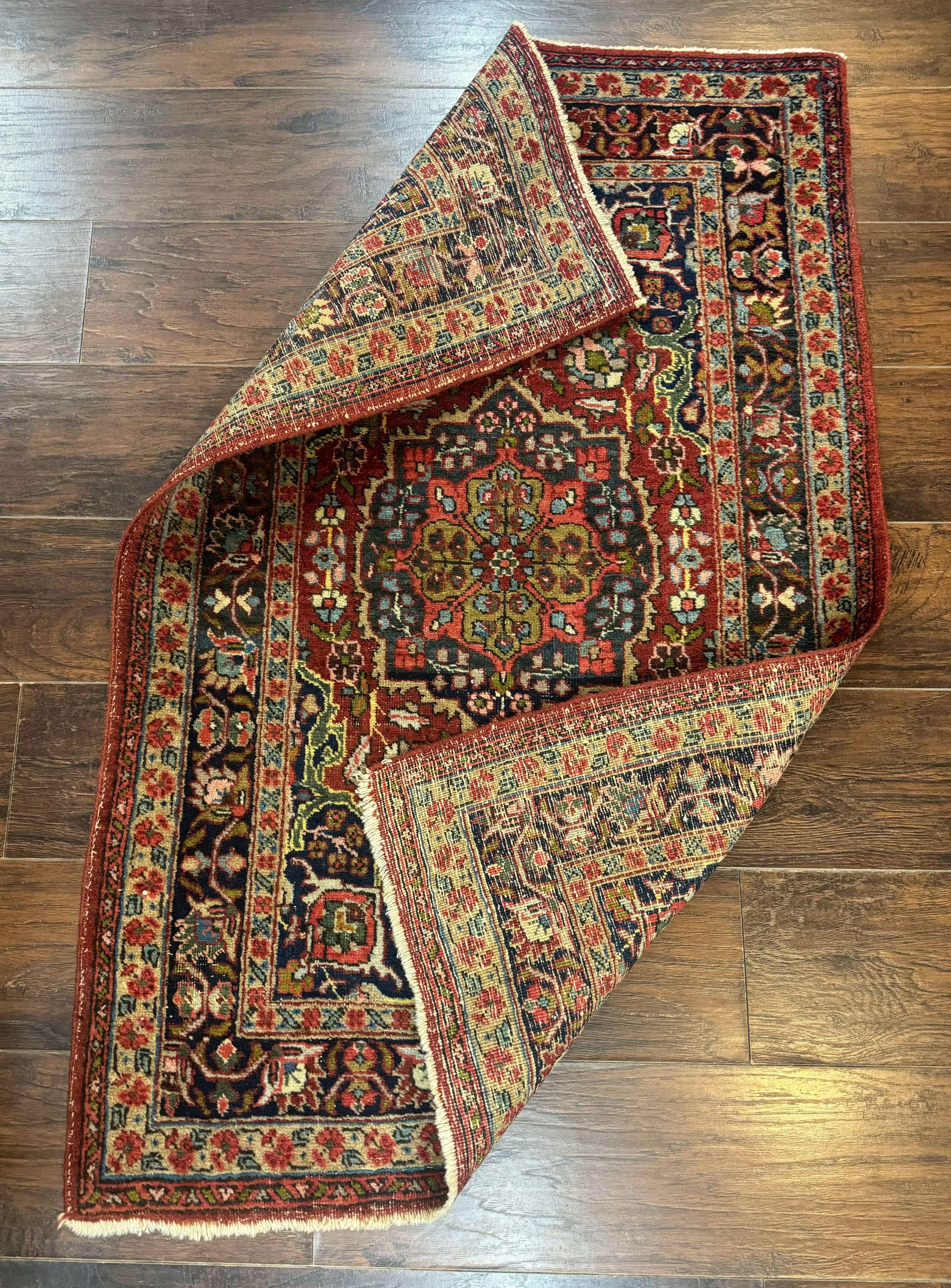Antique Persian Tabriz Rug 3x5, Brick Red Navy Blue, Floral Medallion, Small Persian Carpet - Jewel Rugs