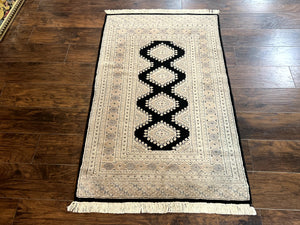 Pakistani Bokhara Rug 3x5, Vintage Turkoman Carpet, Black Gray, Handmade Wool Rug, Tribal