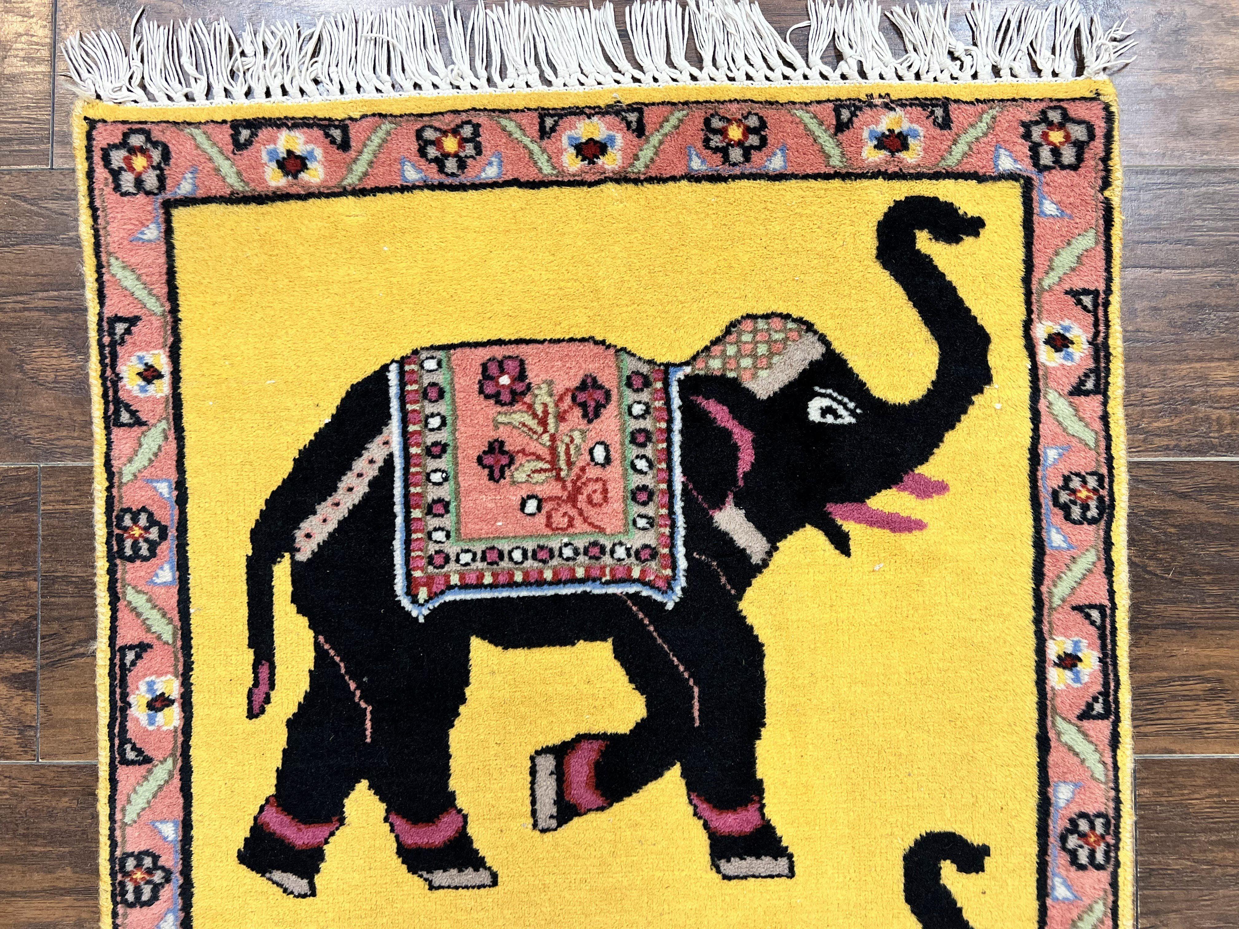 Unique Indian Pictorial Rug 2x3, Small Wool Hand Knotted Oriental Carpet, Yellow, Two Elephants, Handmade - Jewel Rugs