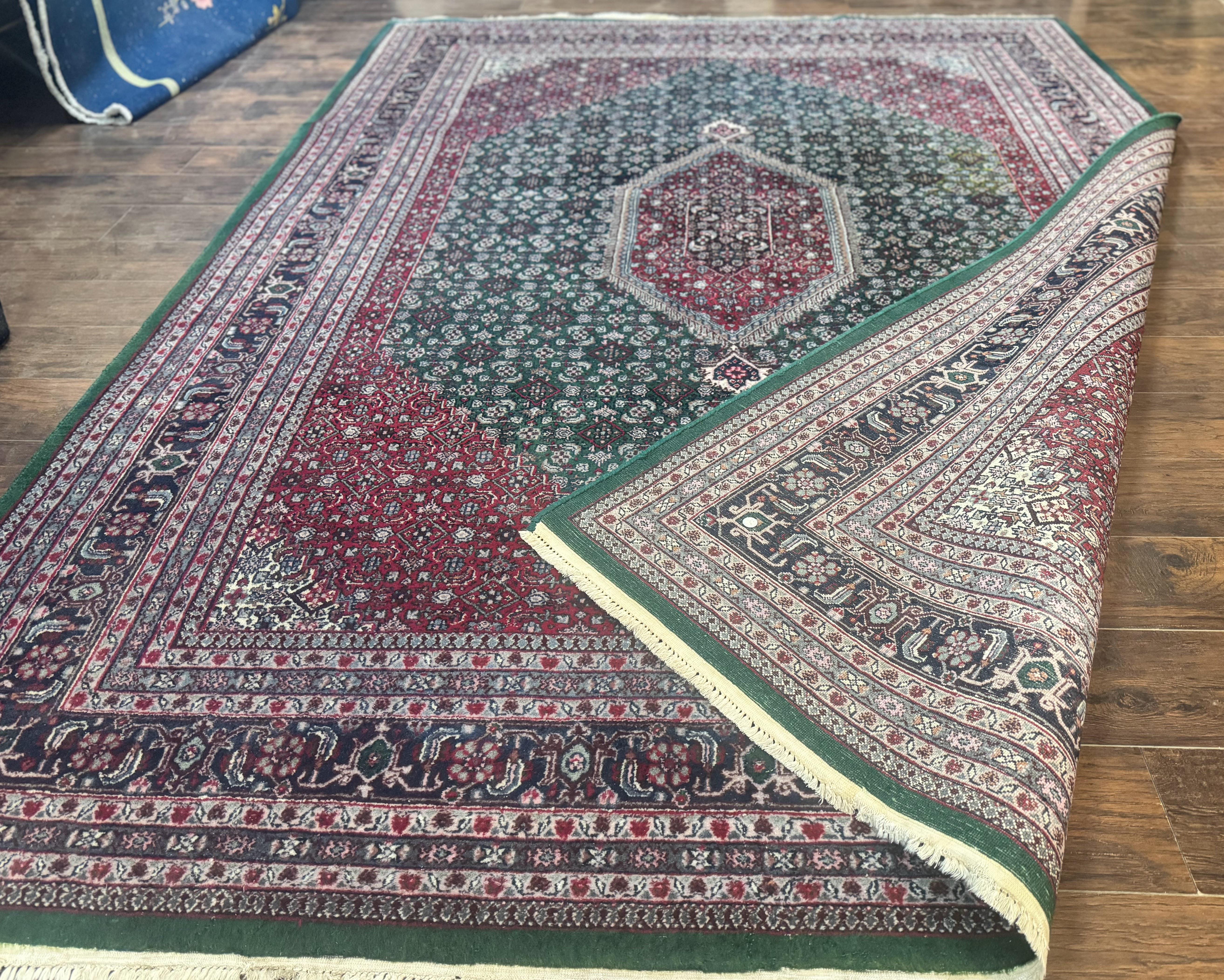 Indo Persian Bidjar Rug 8x11, Green and Red, Herati Pattern, Vintage Handmade Wool Oriental Carpet - Jewel Rugs