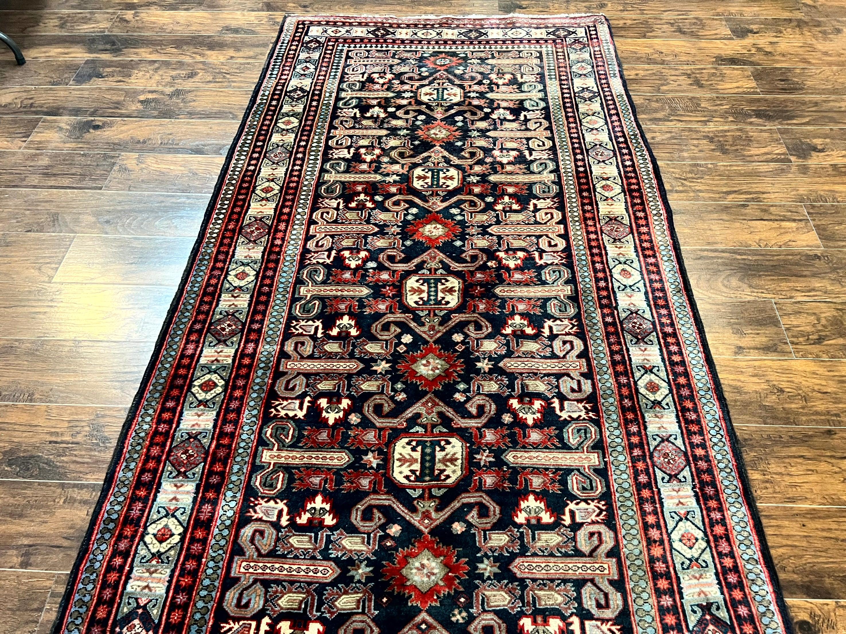 Persian Wide Runner Rug 4.8 x 10, Persian Kalegi Ardabil Rug, Perpedil Caucasian Rug, Antique Handmade Wool Carpet, Navy Blue Red, Tribal Rug - Jewel Rugs