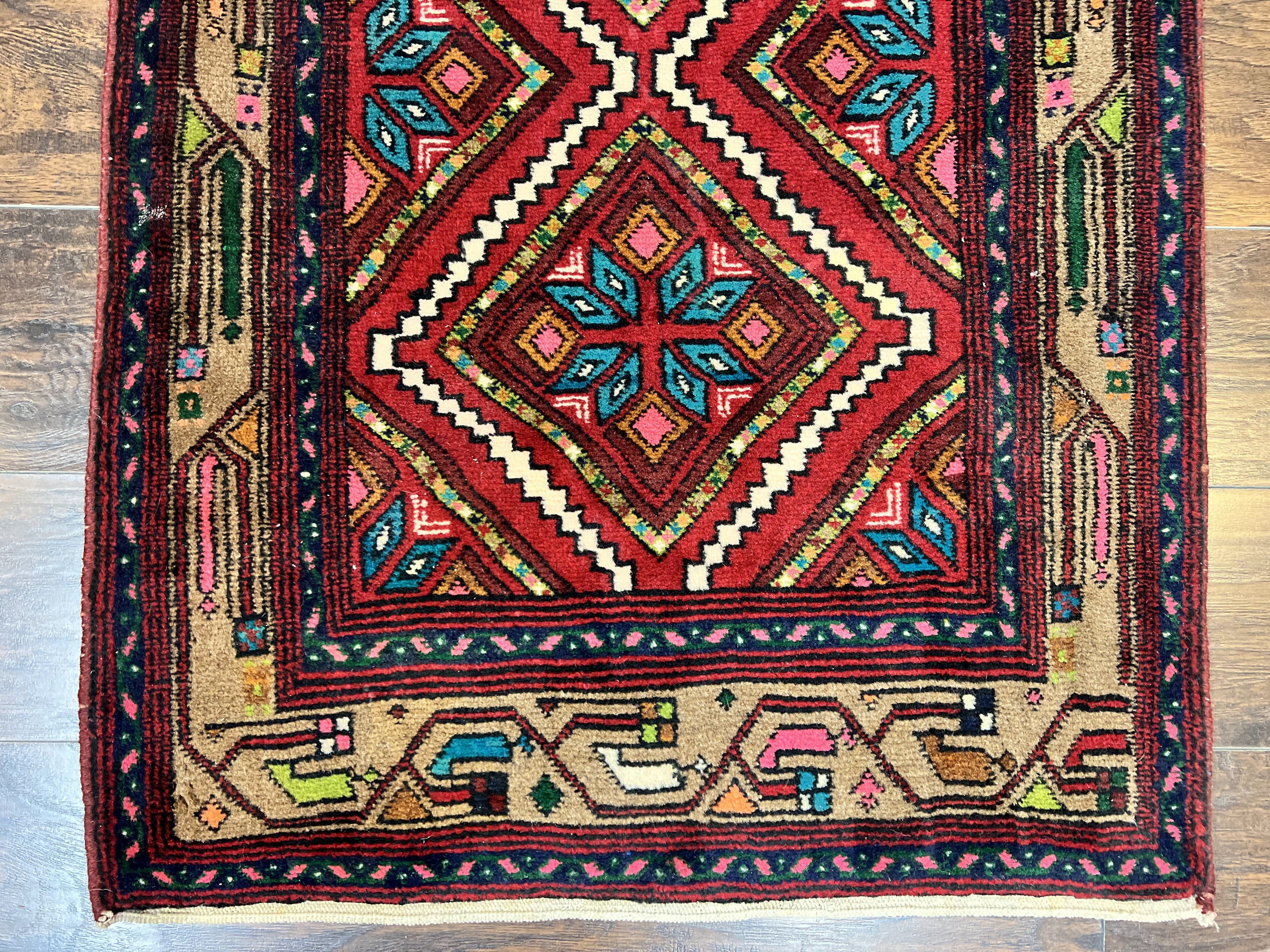 Persian Tribal Runner Rug 3x10, Red Camel Hair Navy Blue, Handmade Hand Knotted 10ft Wool Oriental Vintage Runner for Kitchen or Hallway, Persian Lilihan Hamadan Runner - Jewel Rugs