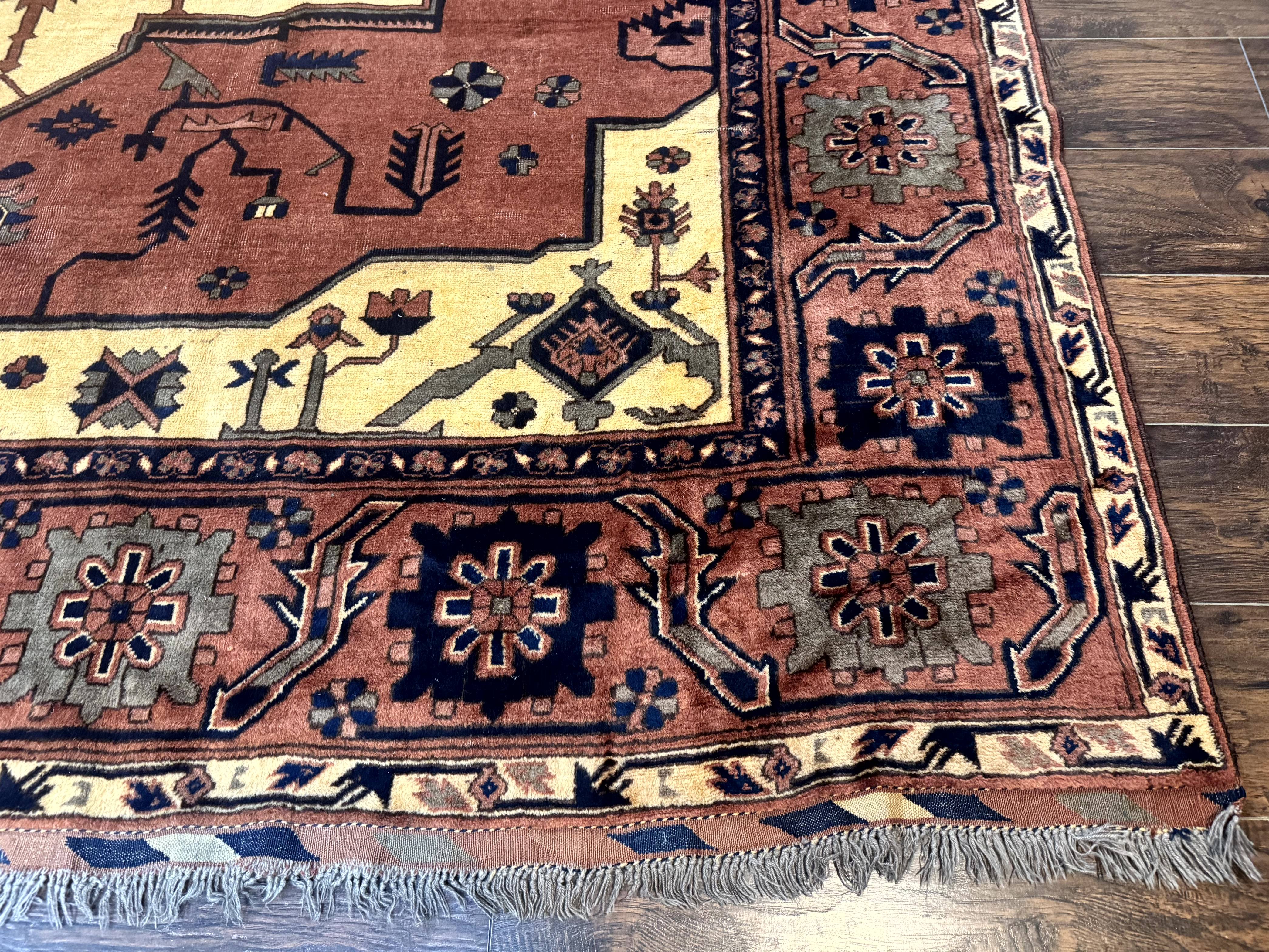 Afghan Heriz Rug 9x12, Tribal Geometric Serapi Carpet, Rust Cream and Navy, Wool on Wool - Jewel Rugs