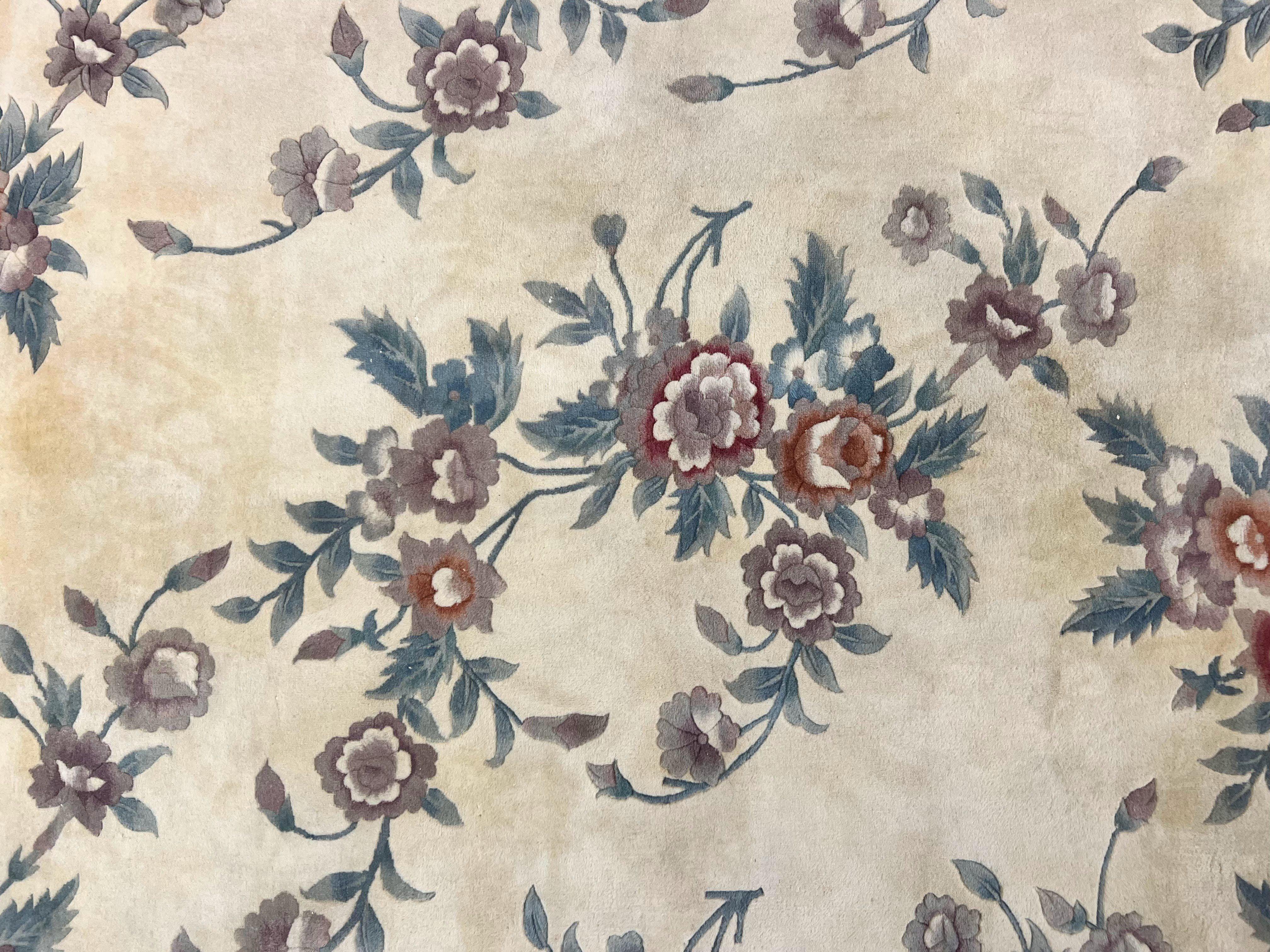 Chinese Wool Rug 8x10, Floral Design, Cream & Black, Art Deco 90 Line Rug 8 x 10, Soft, Handmade Vintage Oriental Carpet - Jewel Rugs