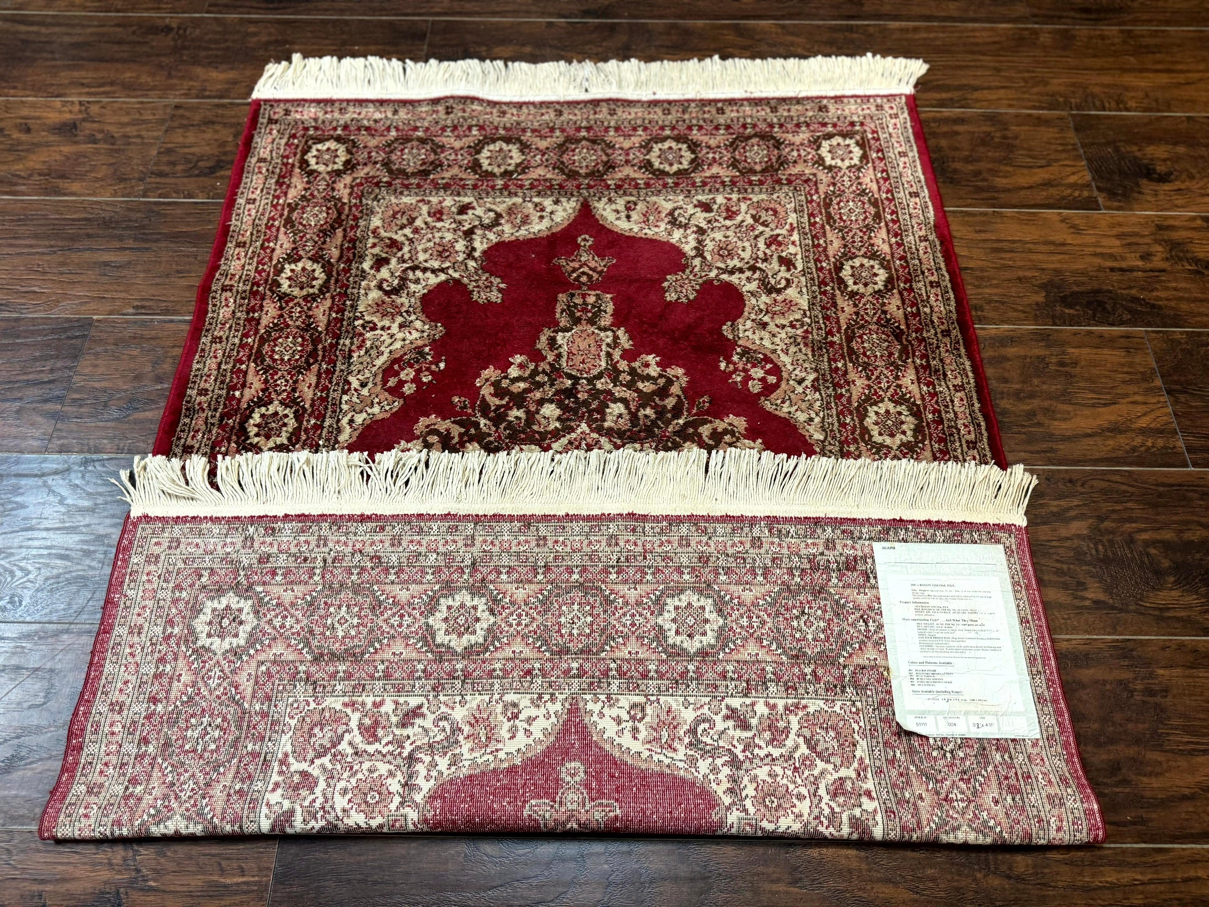 Vintage Art Silk Rug 3x4, Traditional Oriental Persian Design Rug, Belgium Power Loomed Rug, Red and Beige, Semi Open Field Kerman Rug - Jewel Rugs