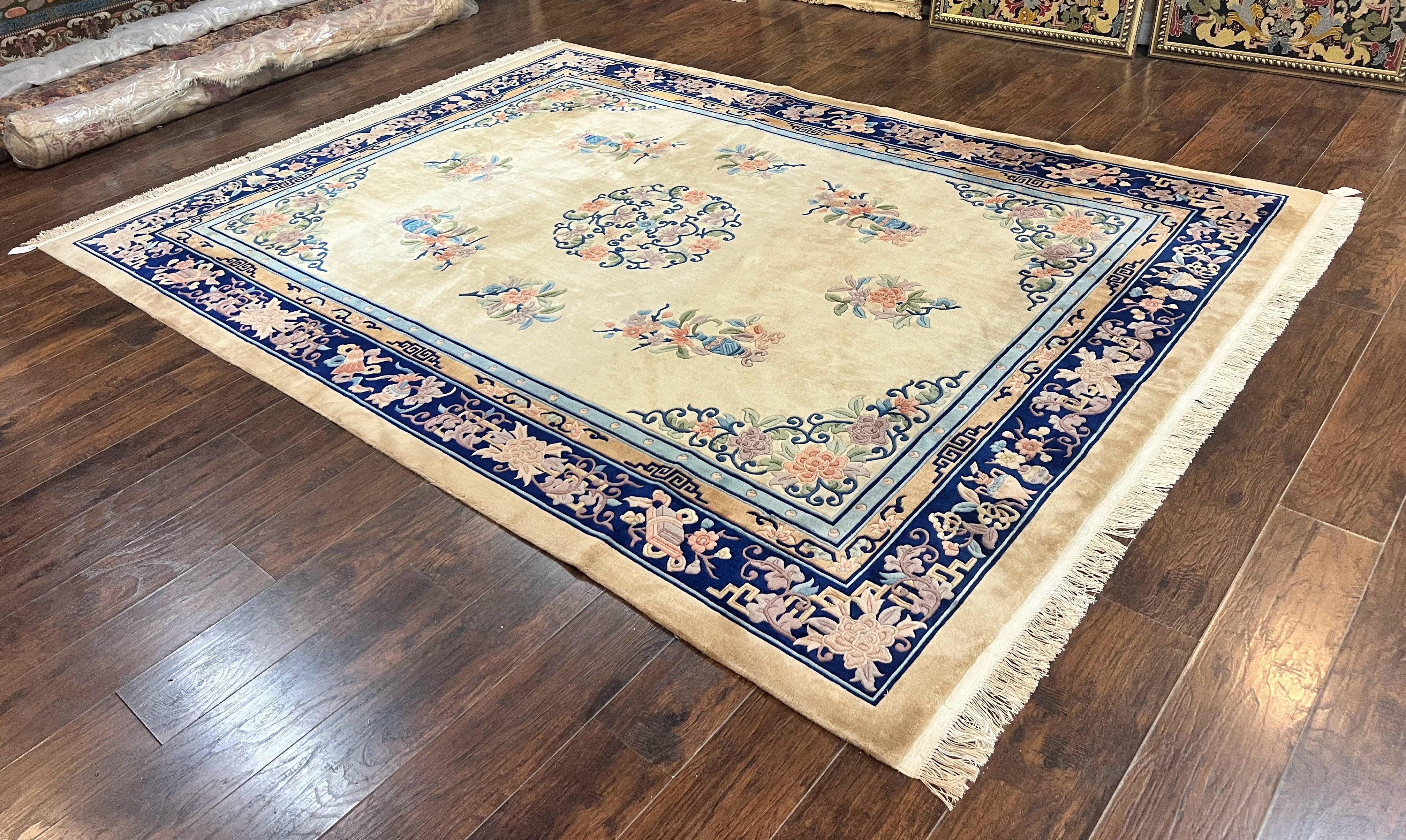 Chinese Wool Rug 8x11, Peking Asian Oriental Carpet, Cream/Ivory and Blue, Vintage Handmade Rug, Art Deco Rug - Jewel Rugs