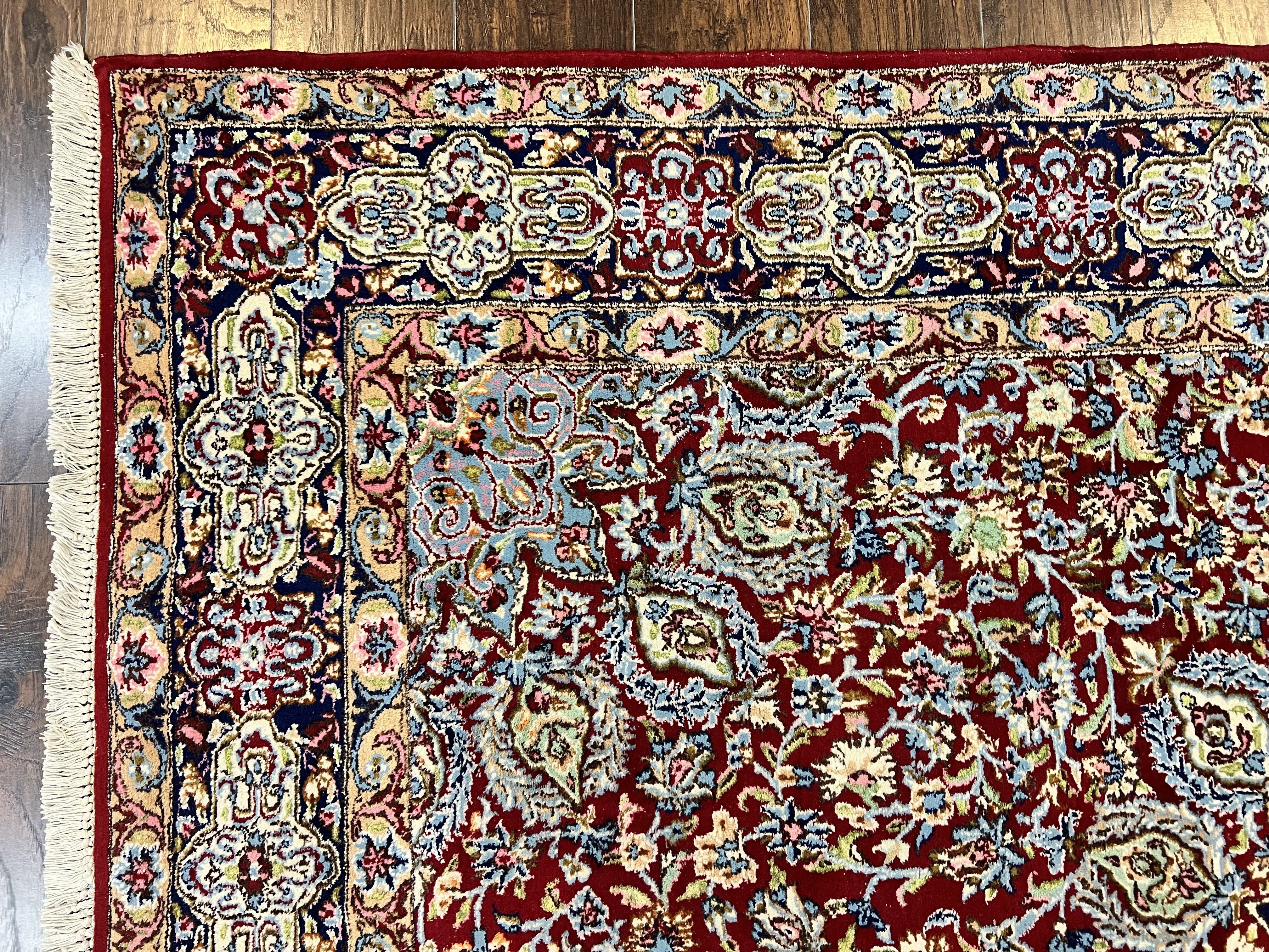 Persian Rug 7x10, Kirman Oriental Carpet 7 x 10 ft, Hand Knotted Wool Floral Medallion Semi Antique Persian Rug, Dark Red Light Blue Vintage - Jewel Rugs