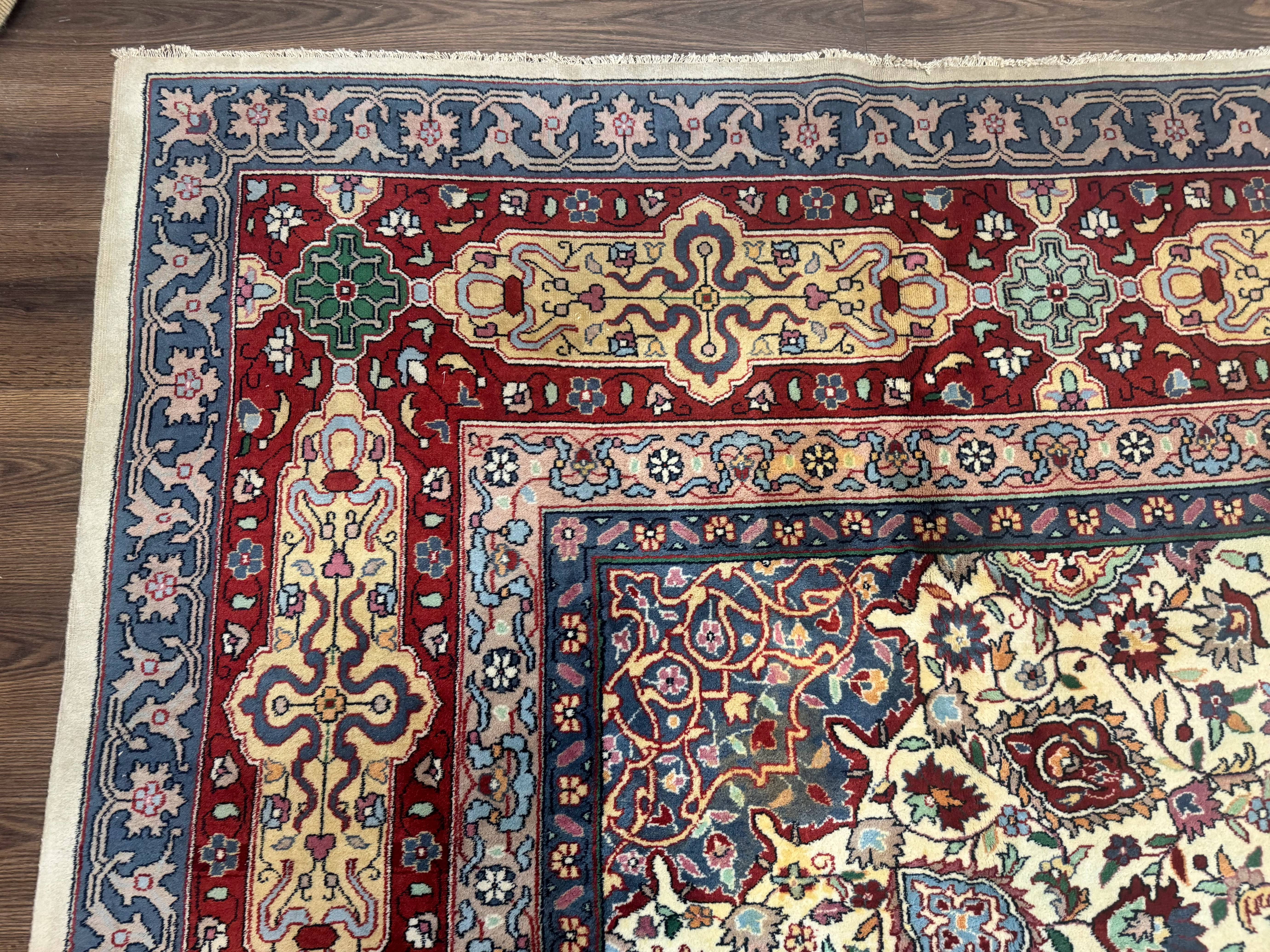 Persian Mashad Rug 10x16, Palace Size Handmade Wool Carpet, Cream Red, Floral Medallion, Vintage - Jewel Rugs