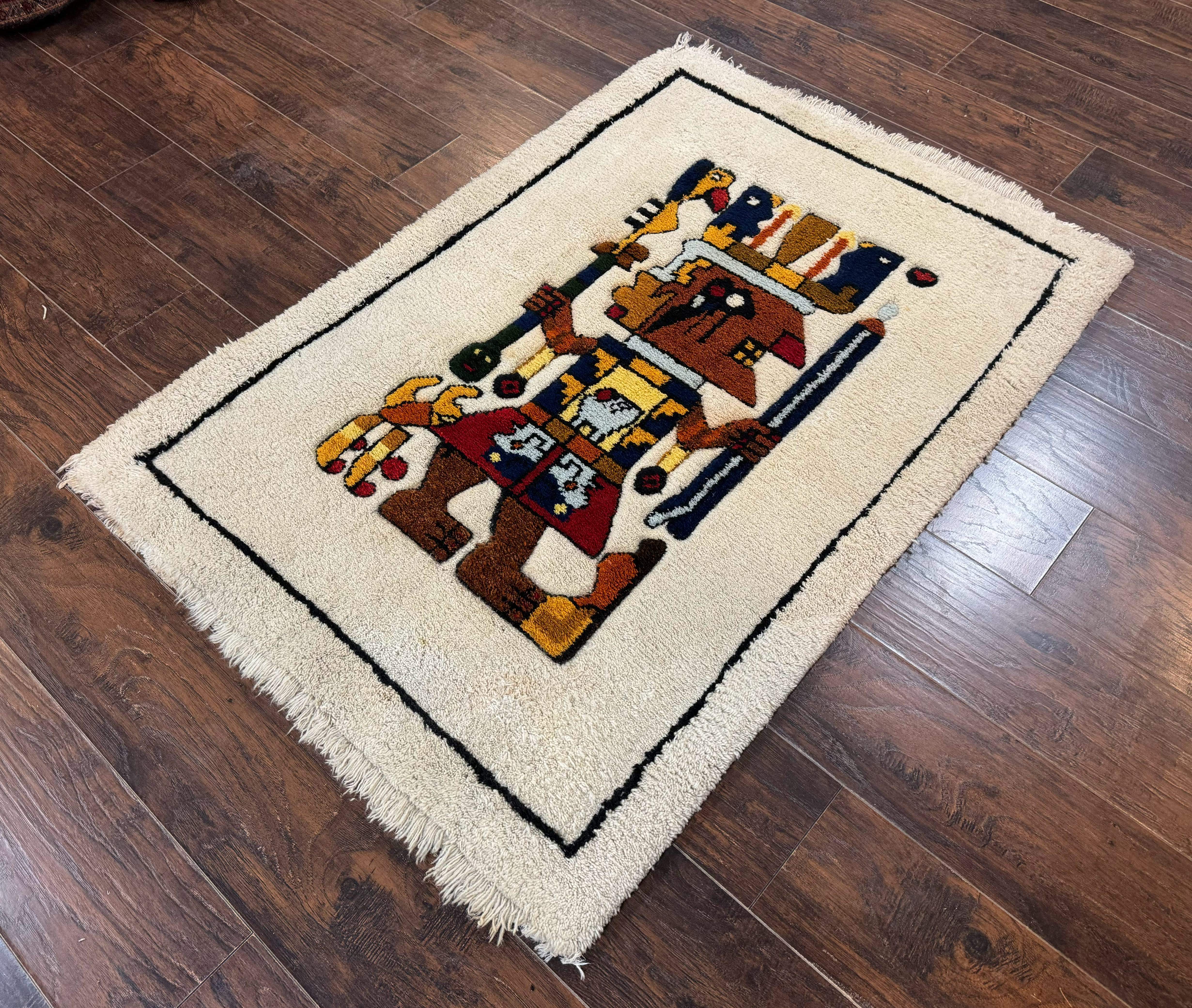 South American Shag Rug 3x5 – Ivory, Pictorial, Vintage Peruvian Native American Wool Rug - Jewel Rugs