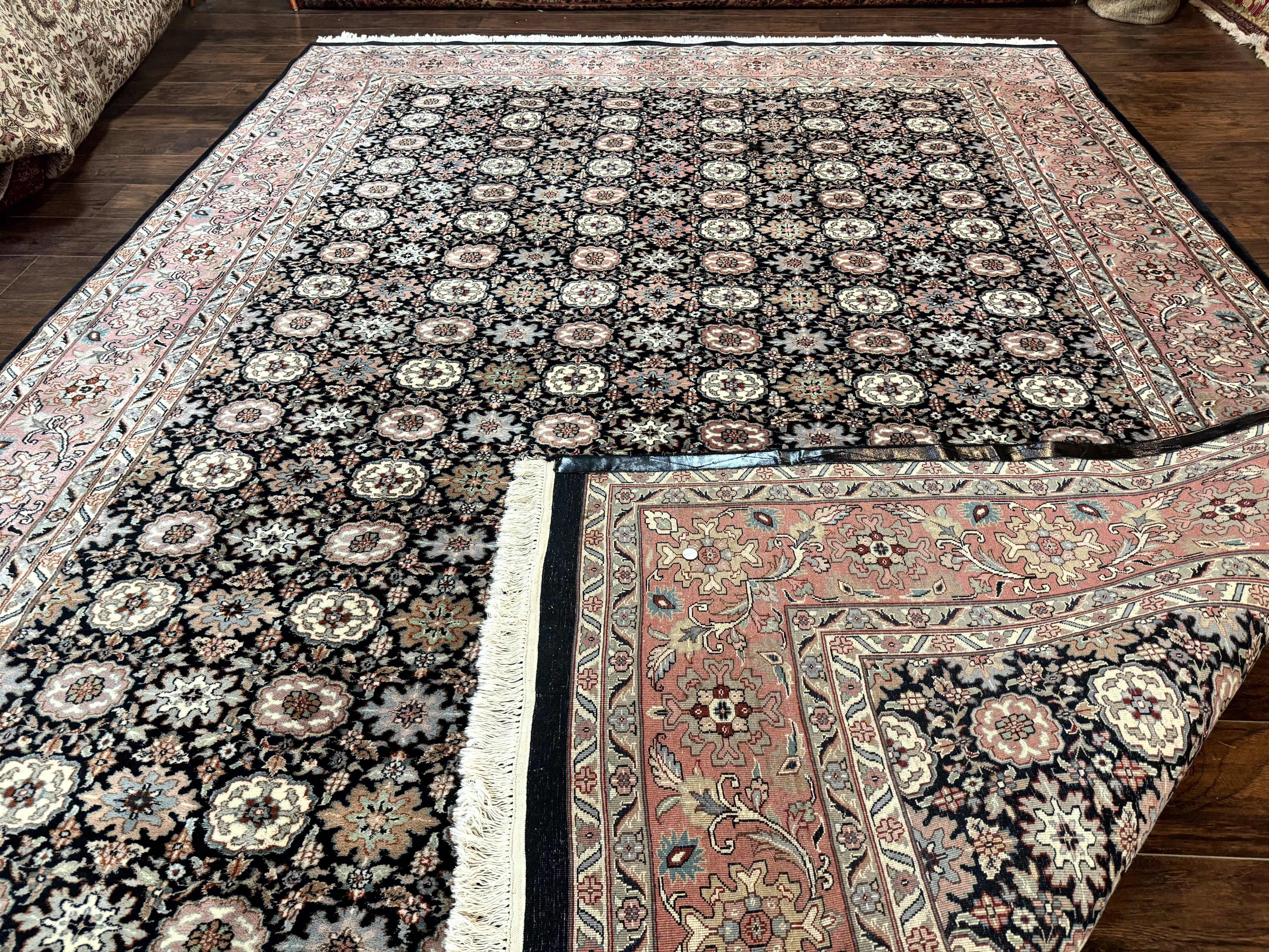 Indo Persian Rug 9x12, Vintage Handmade Wool Carpet, Repeated Allover Motif, Navy Blue and Pink - Jewel Rugs