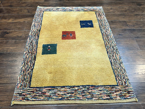 Indo Gabbeh Rug 3.7 x 5, Tribal Rug, Boho Rug, Wool Handmade Carpet