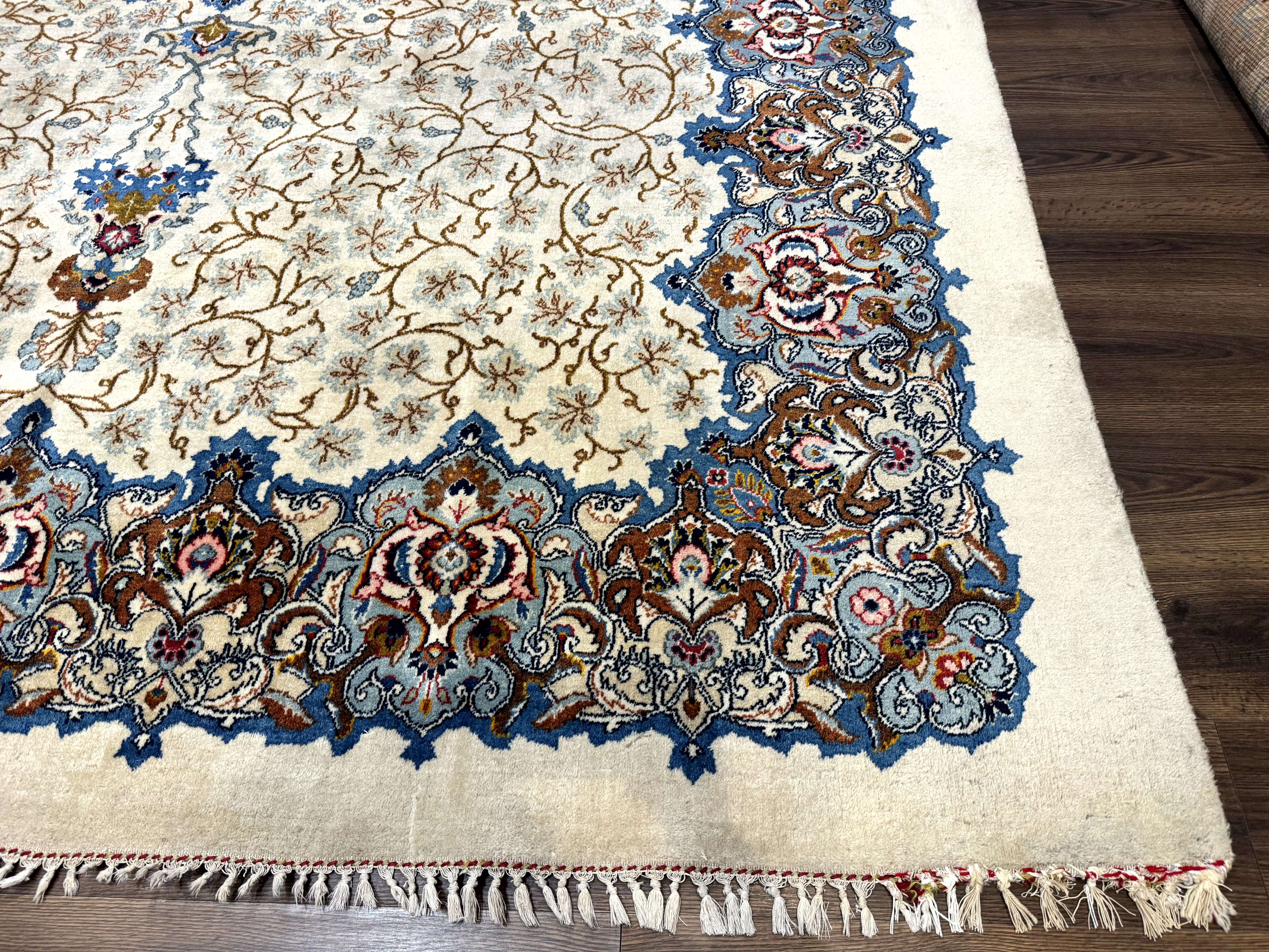 Persian Kashan Rug 9 x 12.6, Ivory and Blue, Floral Medallion, Wool Hand Knotted Semi Antique Carpet - Jewel Rugs